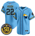 Men's Milwaukee Brewers Golden 50th Anniversary Patch Vapor Premier Limited Jersey - All Stitched - Blue, Christian Yelich