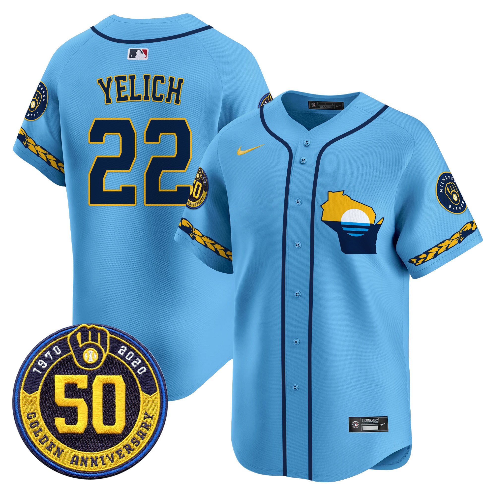 Men's Milwaukee Brewers Golden 50th Anniversary Patch Vapor Premier Limited Jersey - All Stitched - Blue, Christian Yelich
