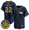 Men's Milwaukee Brewers Golden 50th Anniversary Patch Vapor Premier Limited Jersey - All Stitched - Navy, Christian Yelich
