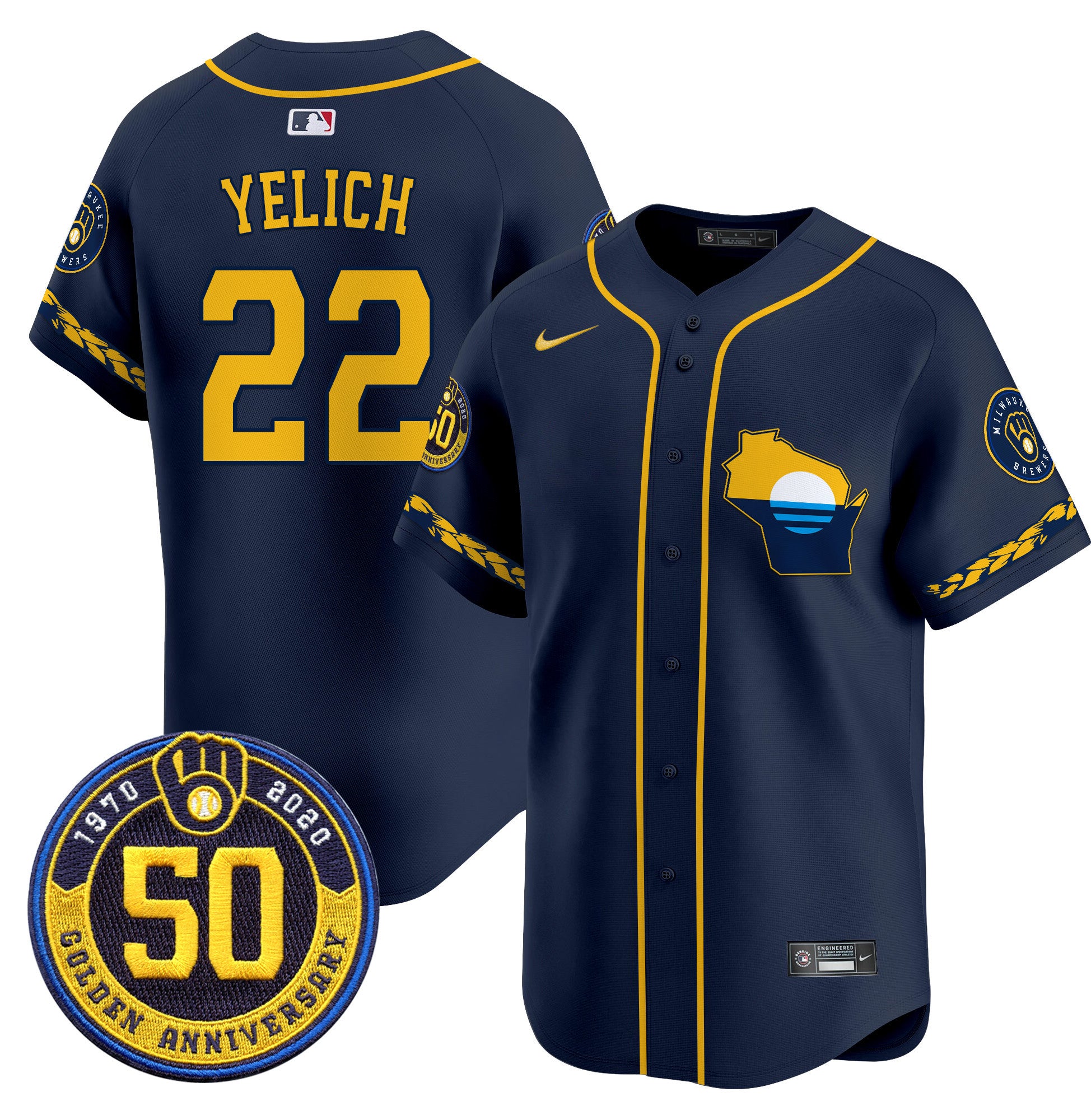 Men's Milwaukee Brewers Golden 50th Anniversary Patch Vapor Premier Limited Jersey - All Stitched - Navy, Christian Yelich