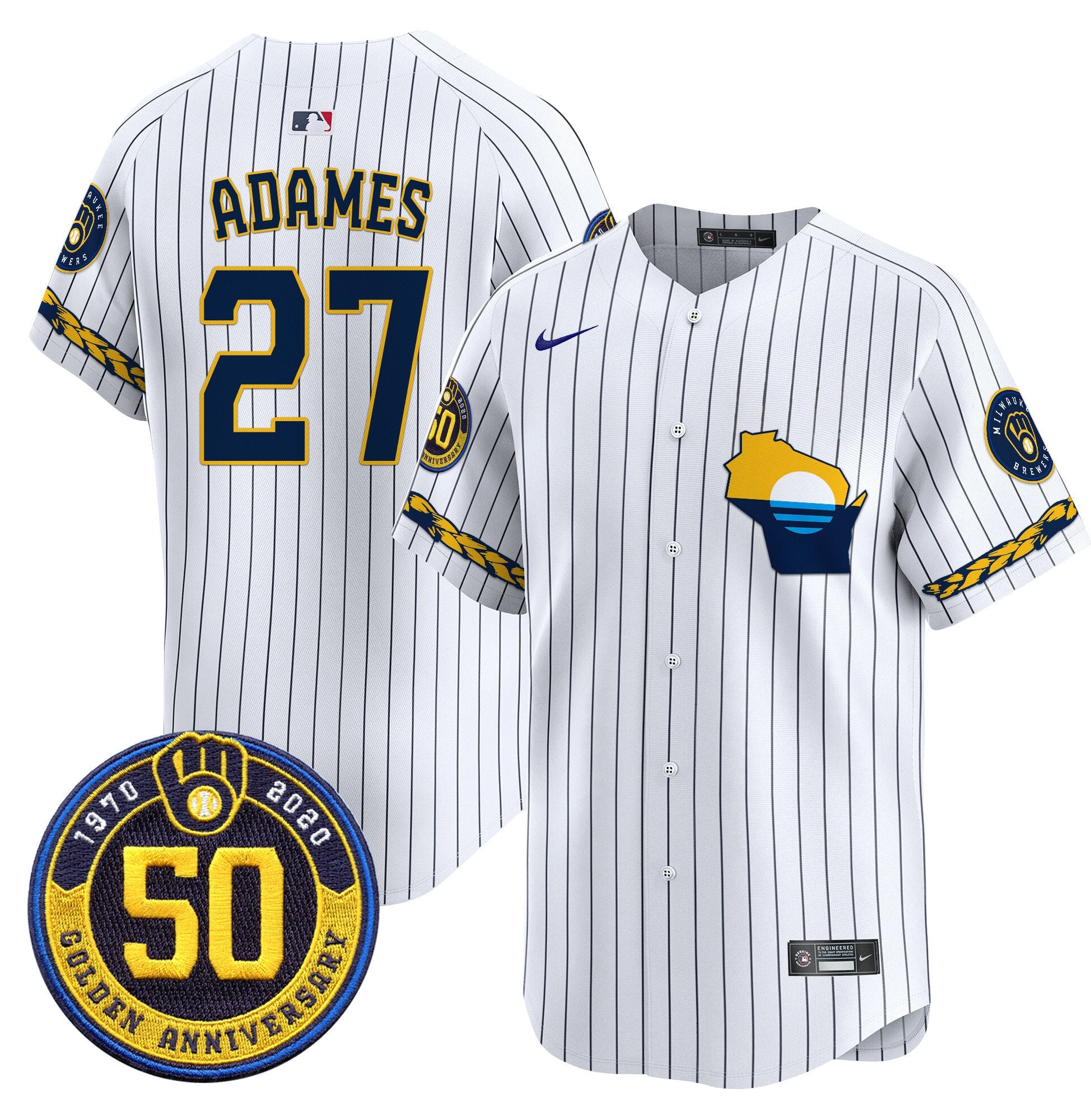 Men's Milwaukee Brewers Golden 50th Anniversary Patch Vapor Premier Limited Jersey - All Stitched - Pinstripe, Willy Adames