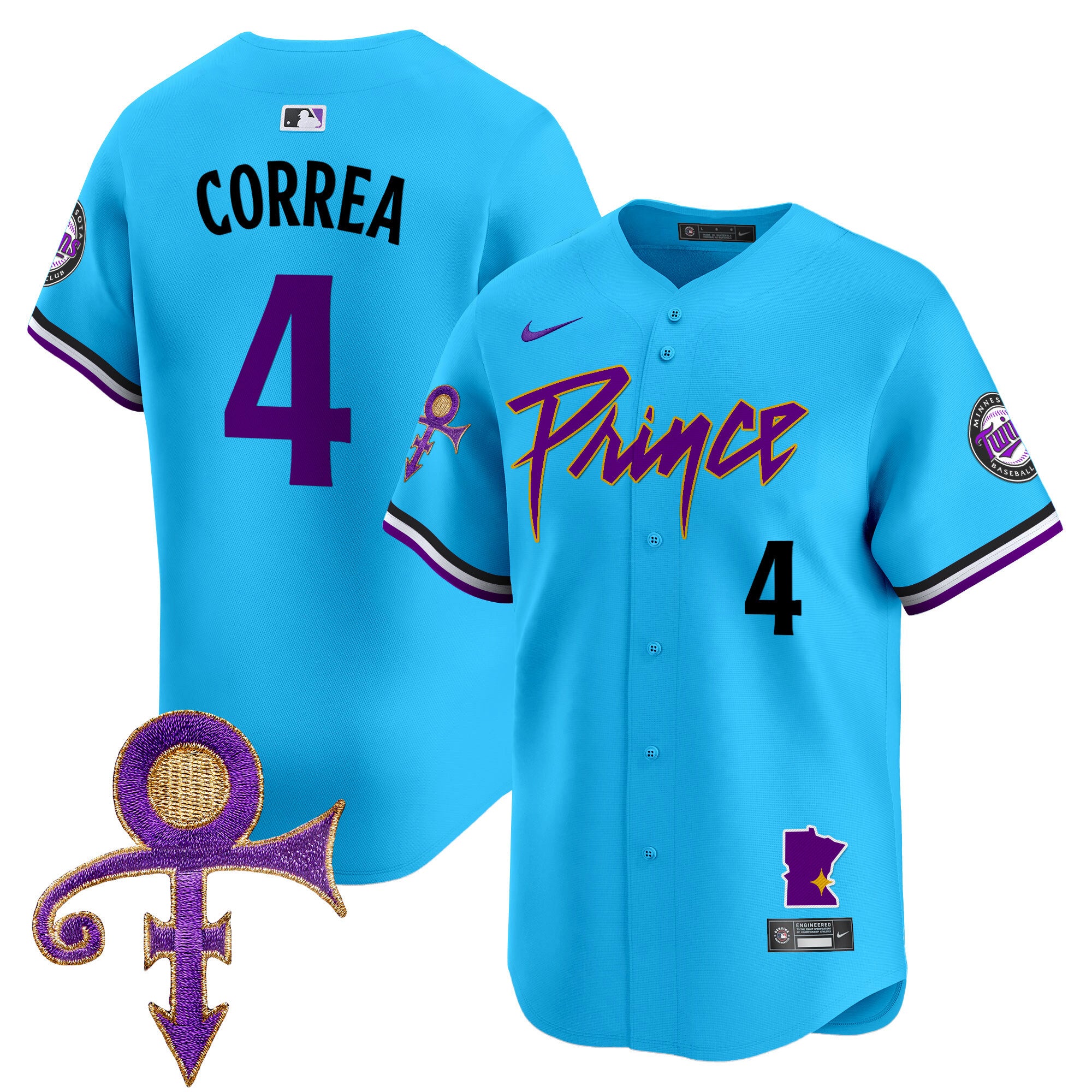 Men's Minnesota Twins Prince Patch Vapor Premier Limited Jersey V2 - All Stitched - Light Blue, Carlos Correa