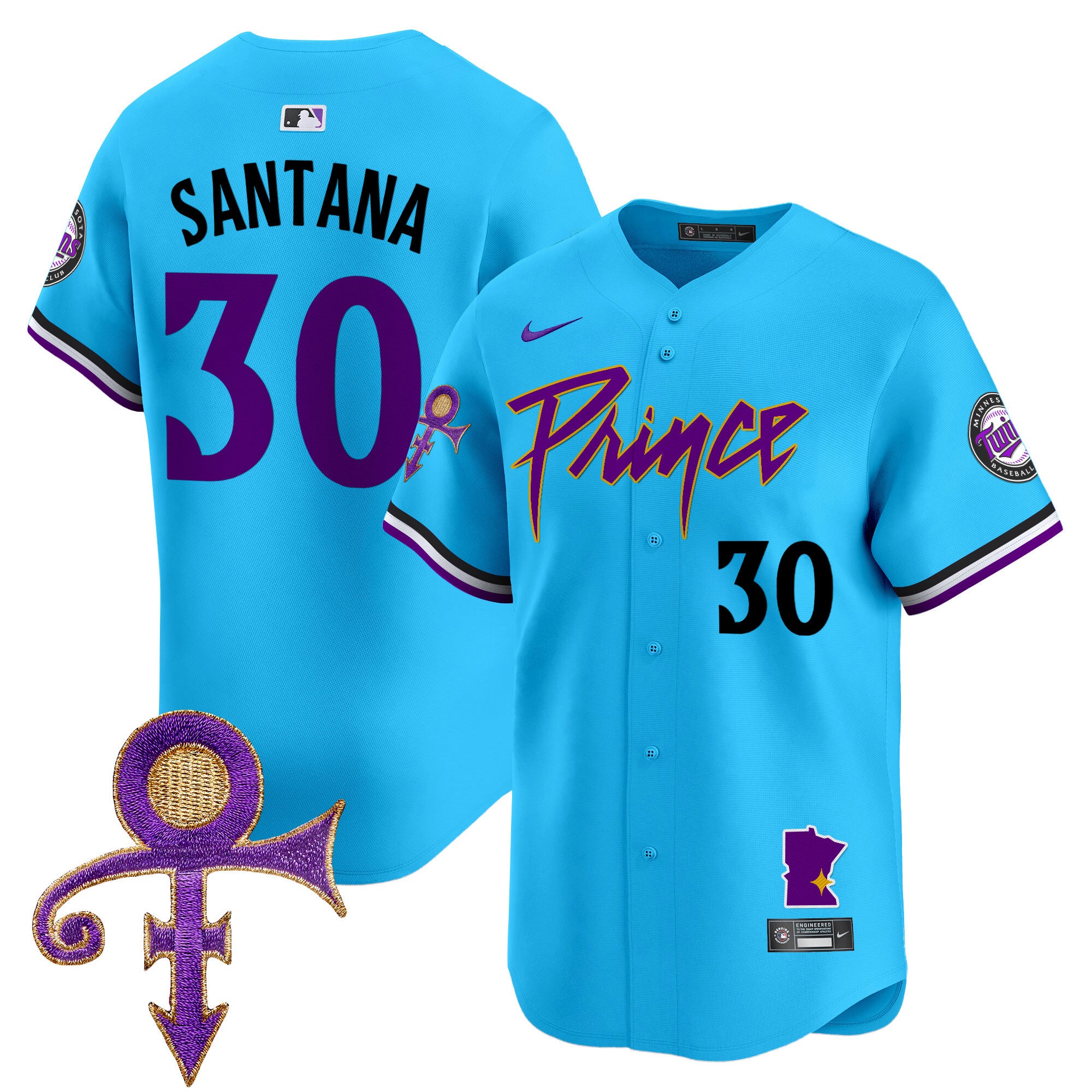 Men's Minnesota Twins Prince Patch Vapor Premier Limited Jersey V2 - All Stitched - Light Blue, Carlos Santana