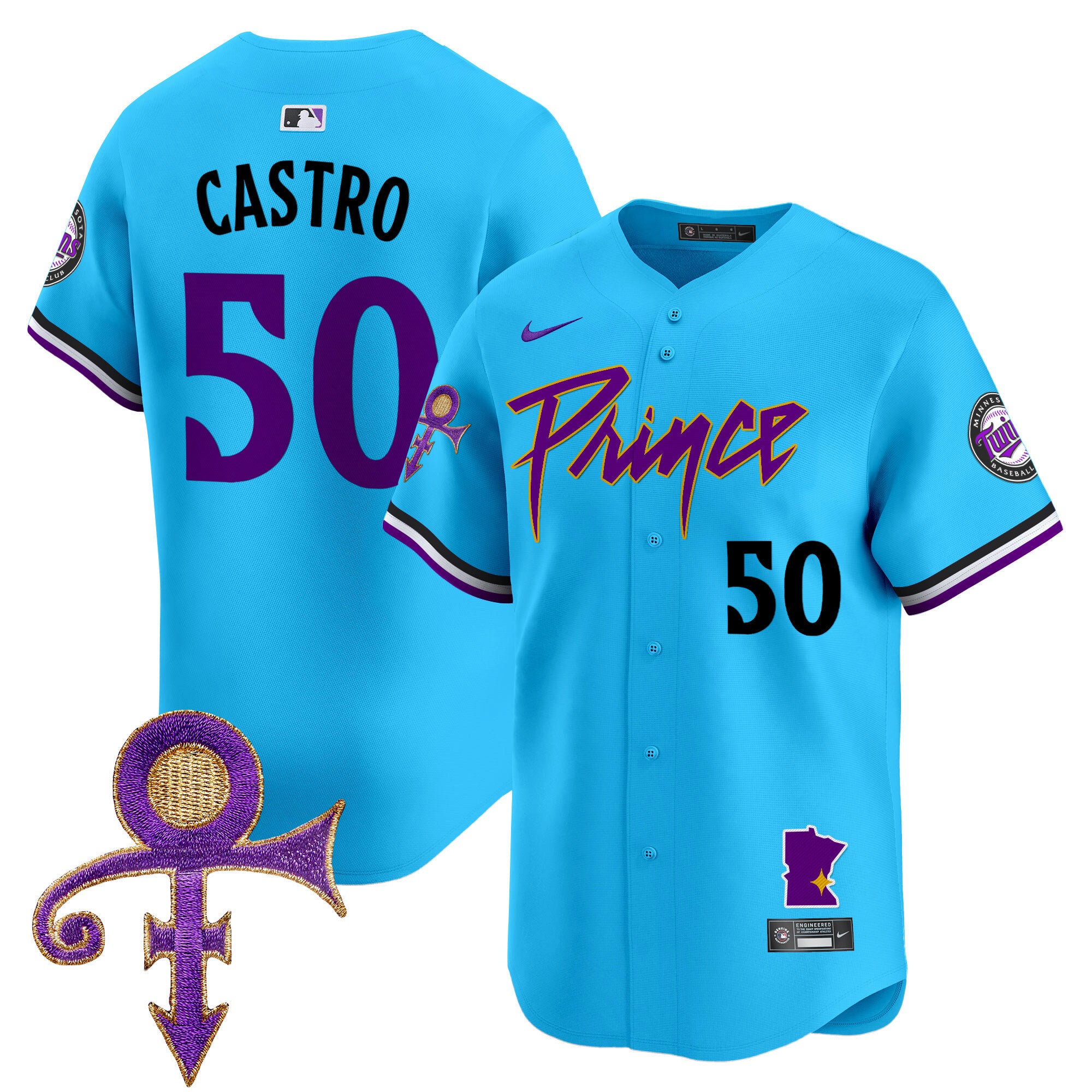 Men's Minnesota Twins Prince Patch Vapor Premier Limited Jersey V2 - All Stitched - Light Blue, Willi Castro