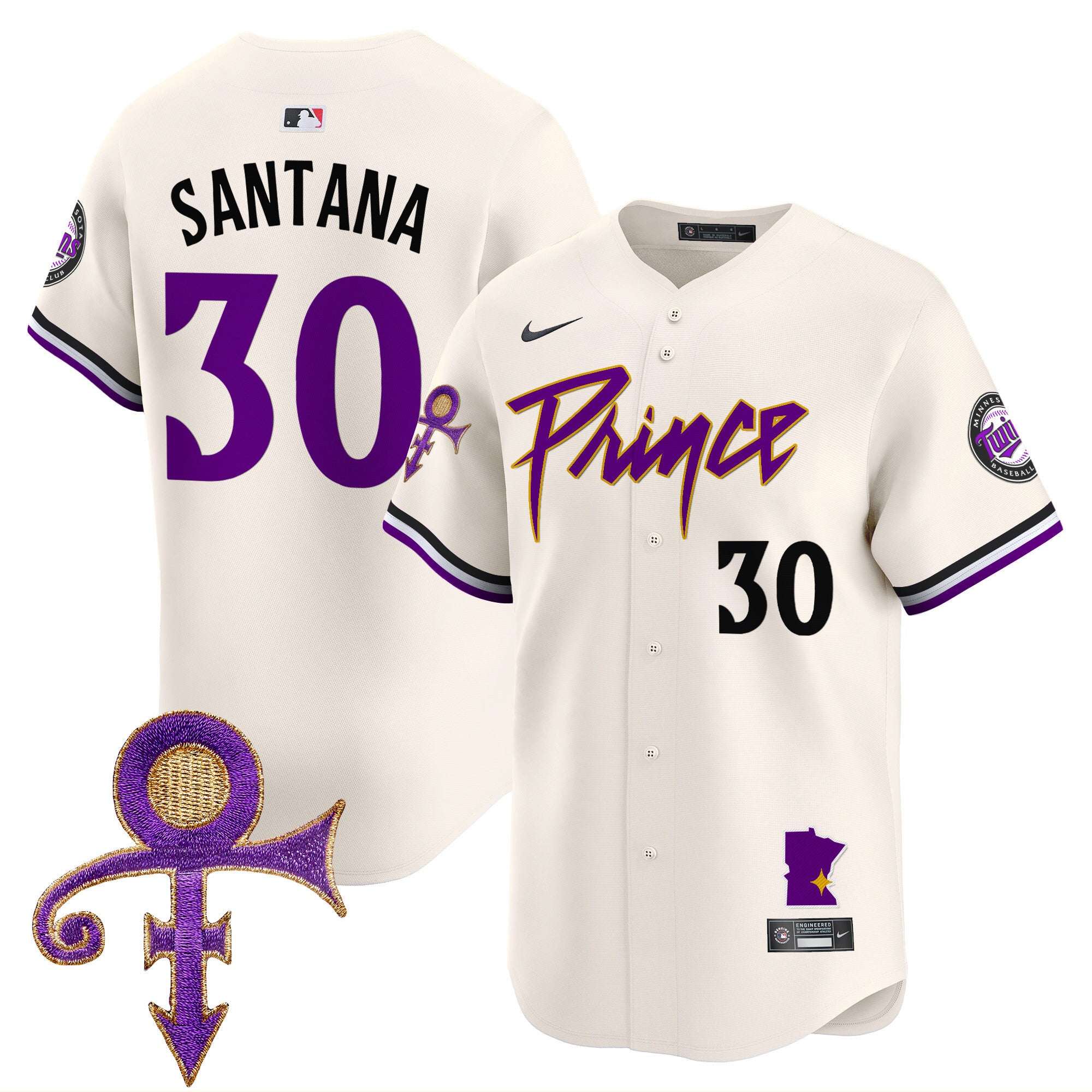 Men's Minnesota Twins Prince Patch Vapor Premier Limited Jersey V2 - All Stitched - Cream, Carlos Santana