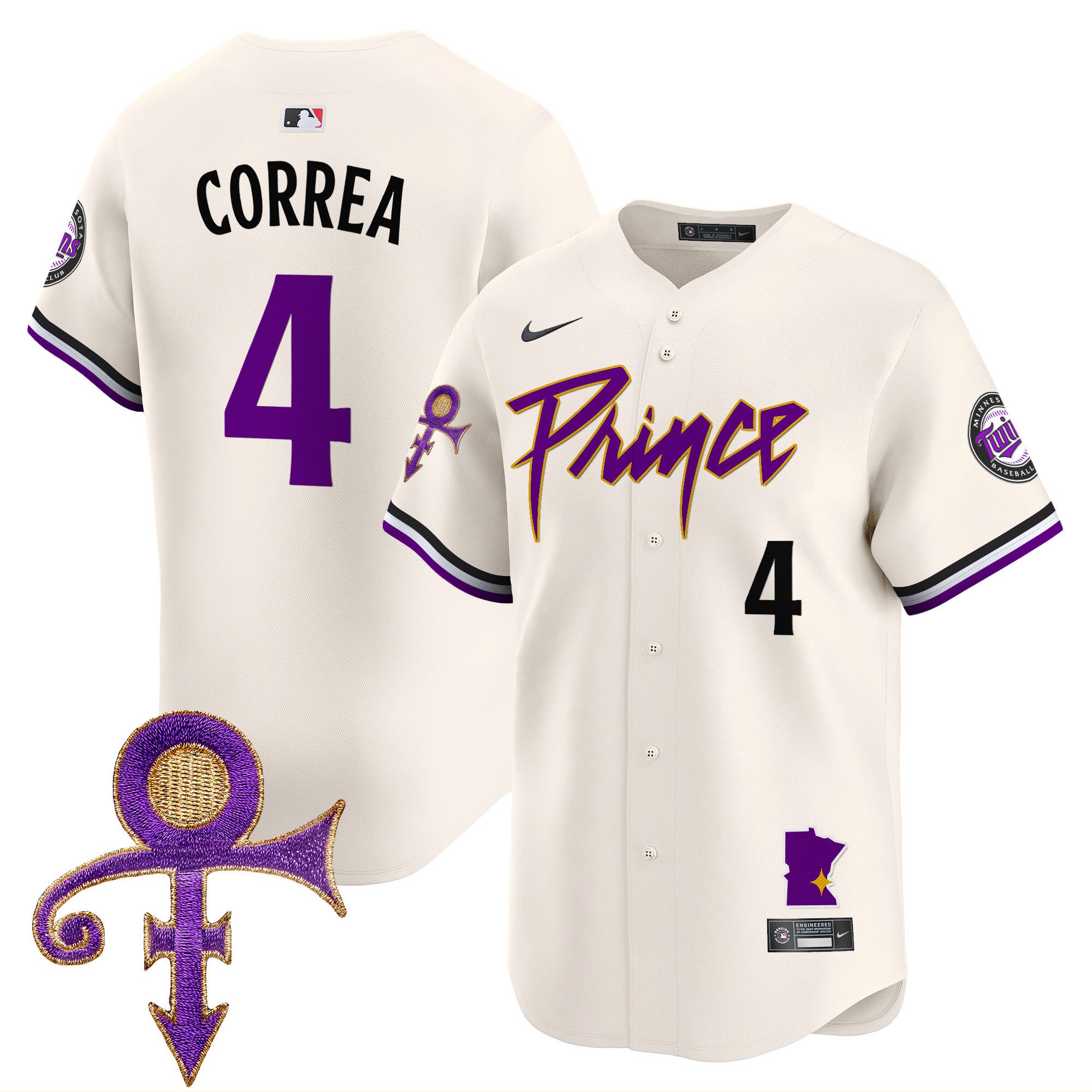Men's Minnesota Twins Prince Patch Vapor Premier Limited Jersey V2 - All Stitched - Cream, Carlos Correa