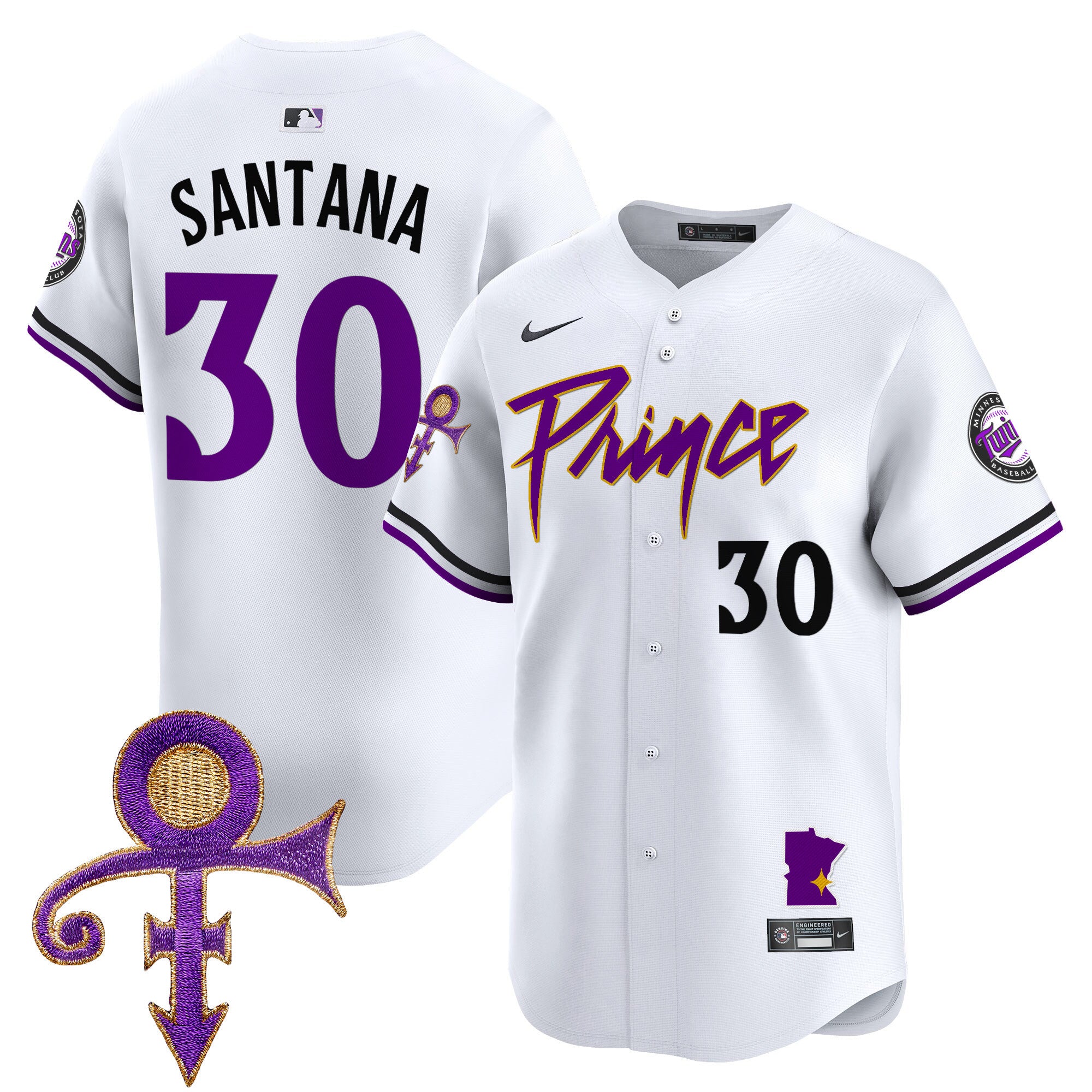 Men's Minnesota Twins Prince Patch Vapor Premier Limited Jersey V2 - All Stitched - White, Carlos Santana