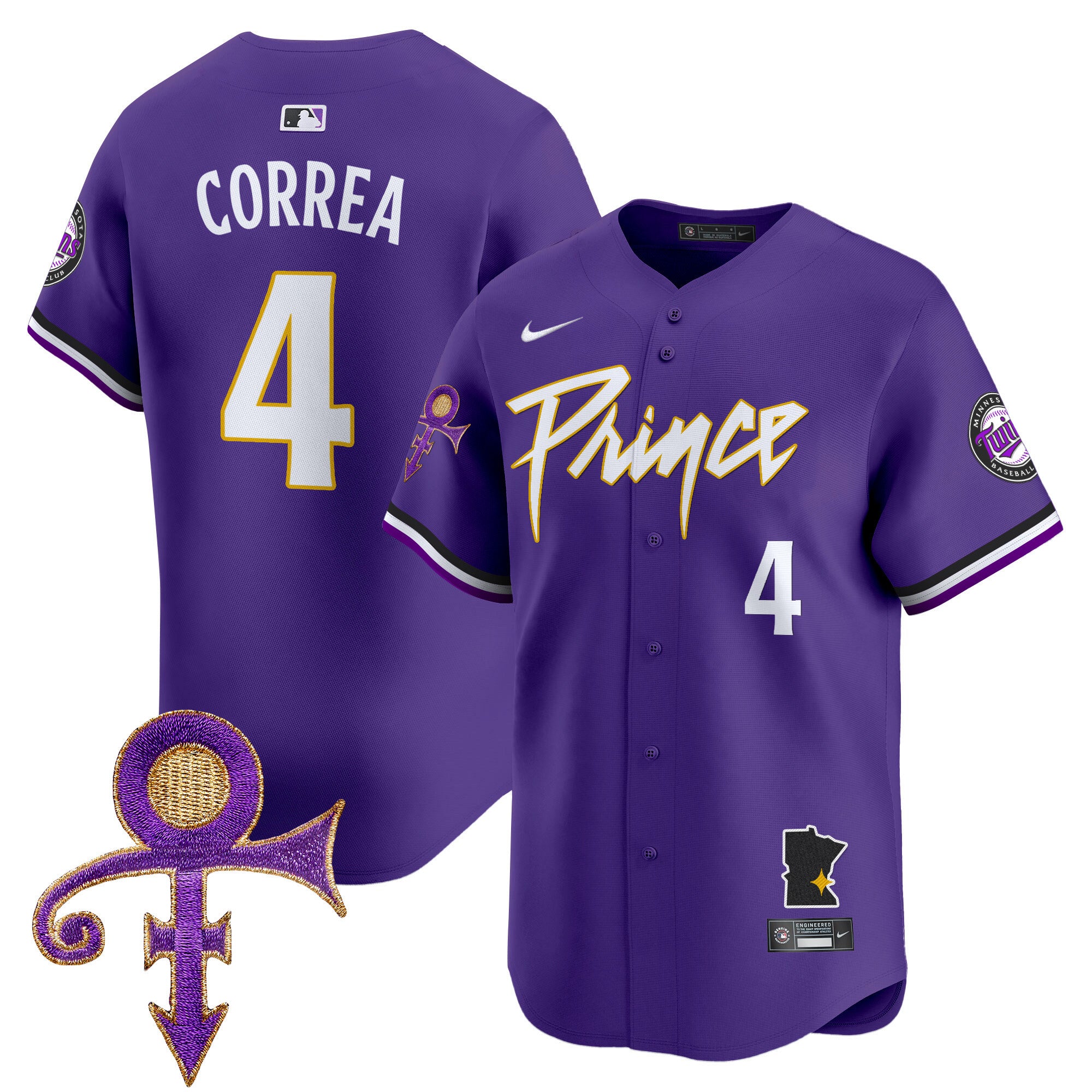Men's Minnesota Twins Prince Patch Vapor Premier Limited Jersey V2 - All Stitched - Purple, Carlos Correa