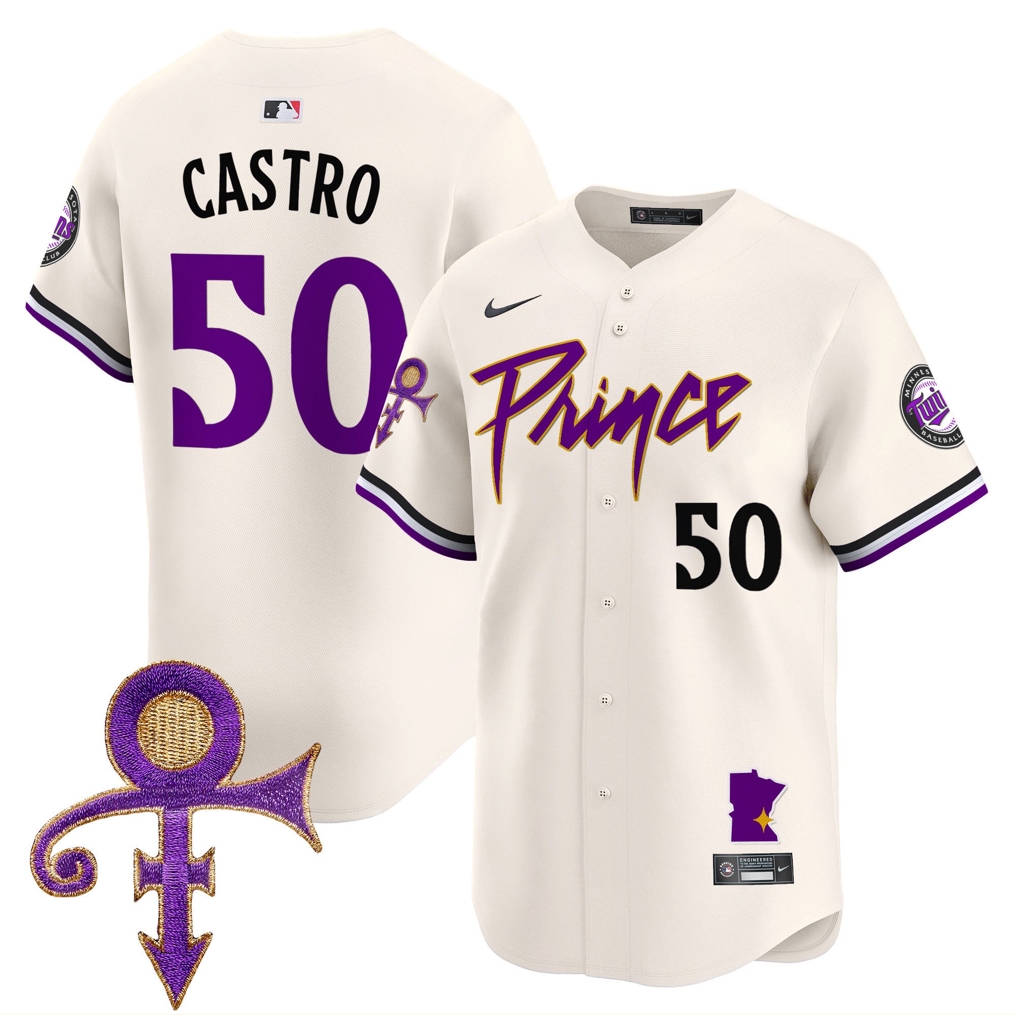 Men's Minnesota Twins Prince Patch Vapor Premier Limited Jersey V2 - All Stitched - Cream, Willi Castro