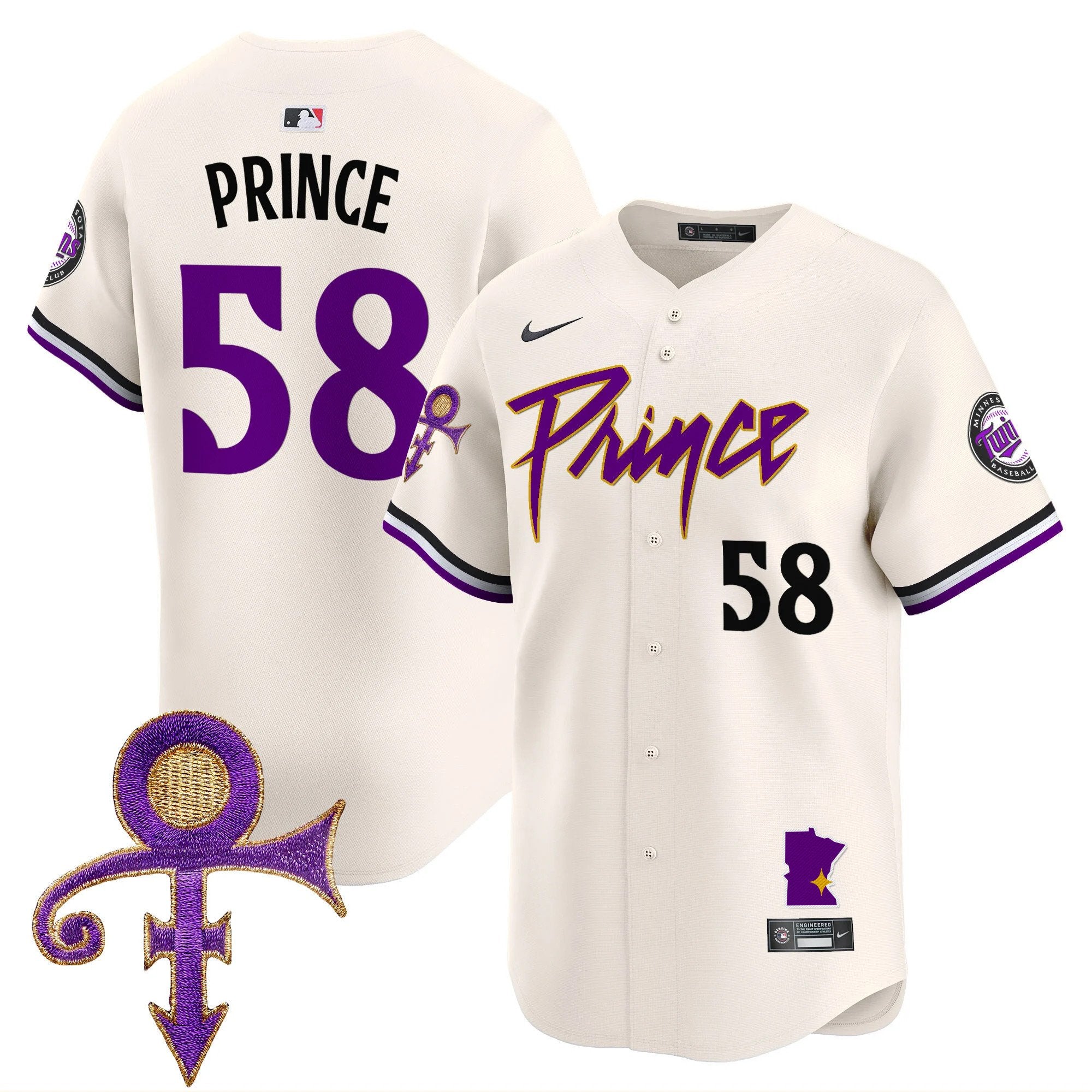 Men's Minnesota Twins Prince Patch Vapor Premier Limited Jersey V2 - All Stitched - Cream, Prince 1958