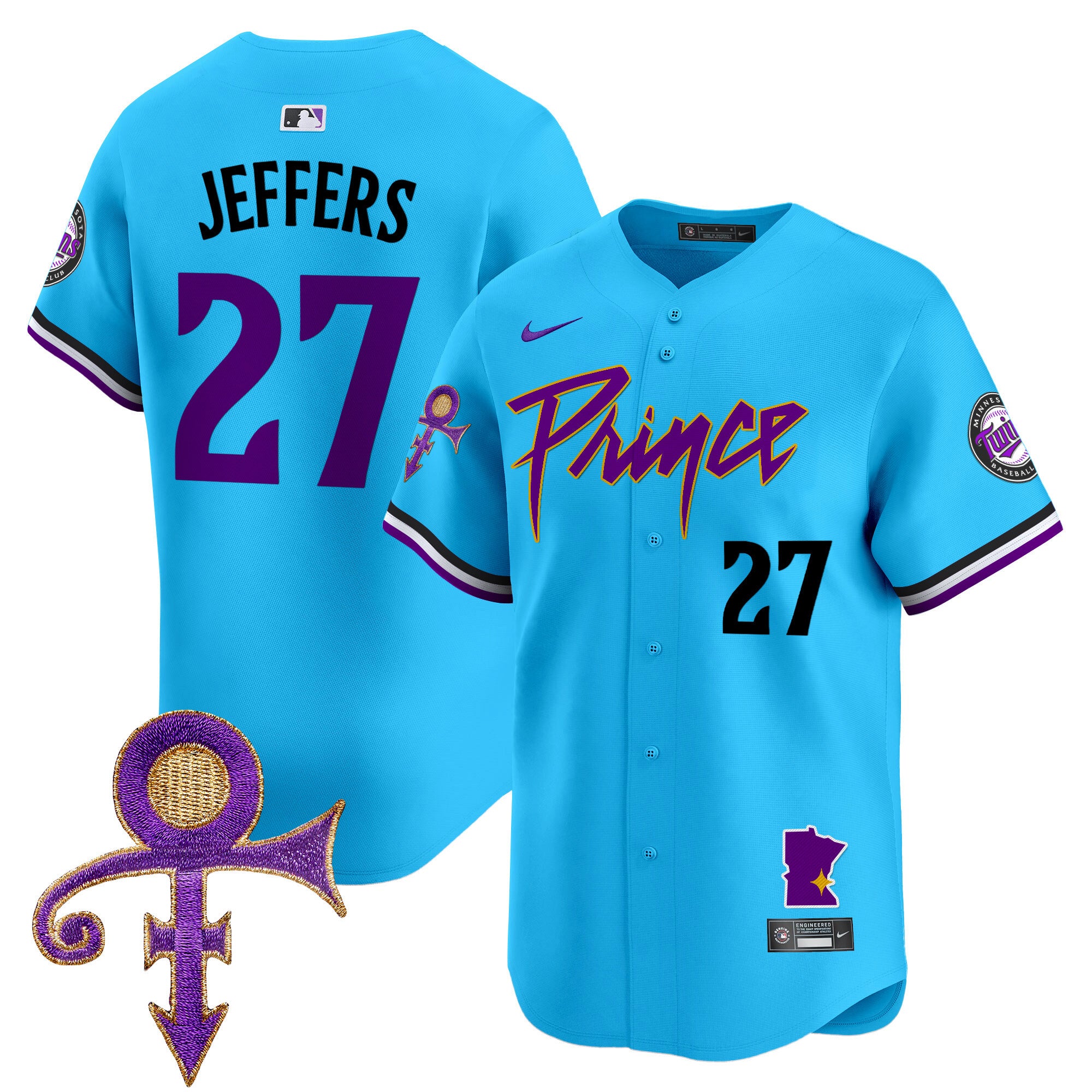 Men's Minnesota Twins Prince Patch Vapor Premier Limited Jersey V2 - All Stitched - Light Blue, Ryan Jeffers