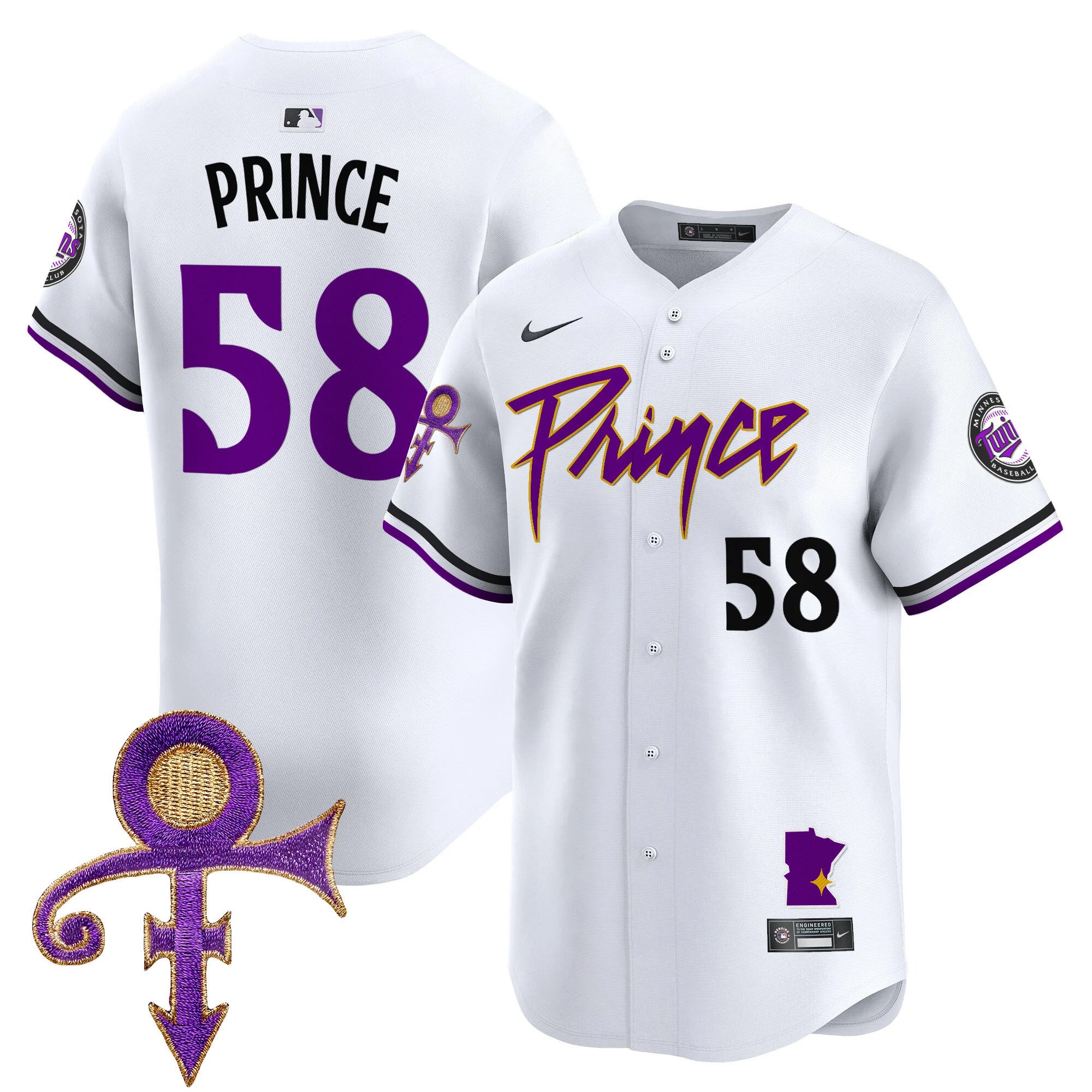 Men's Minnesota Twins Prince Patch Vapor Premier Limited Jersey V2 - All Stitched - White, Prince 1958
