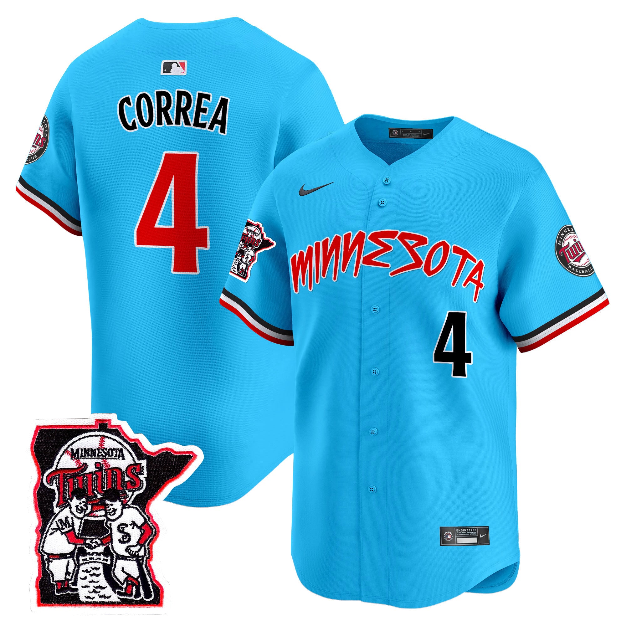Men's Minnesota Twins Shaking Hands Patch Vapor Premier Limited Jersey - All Stitched - Light Blue, Carlos Correa