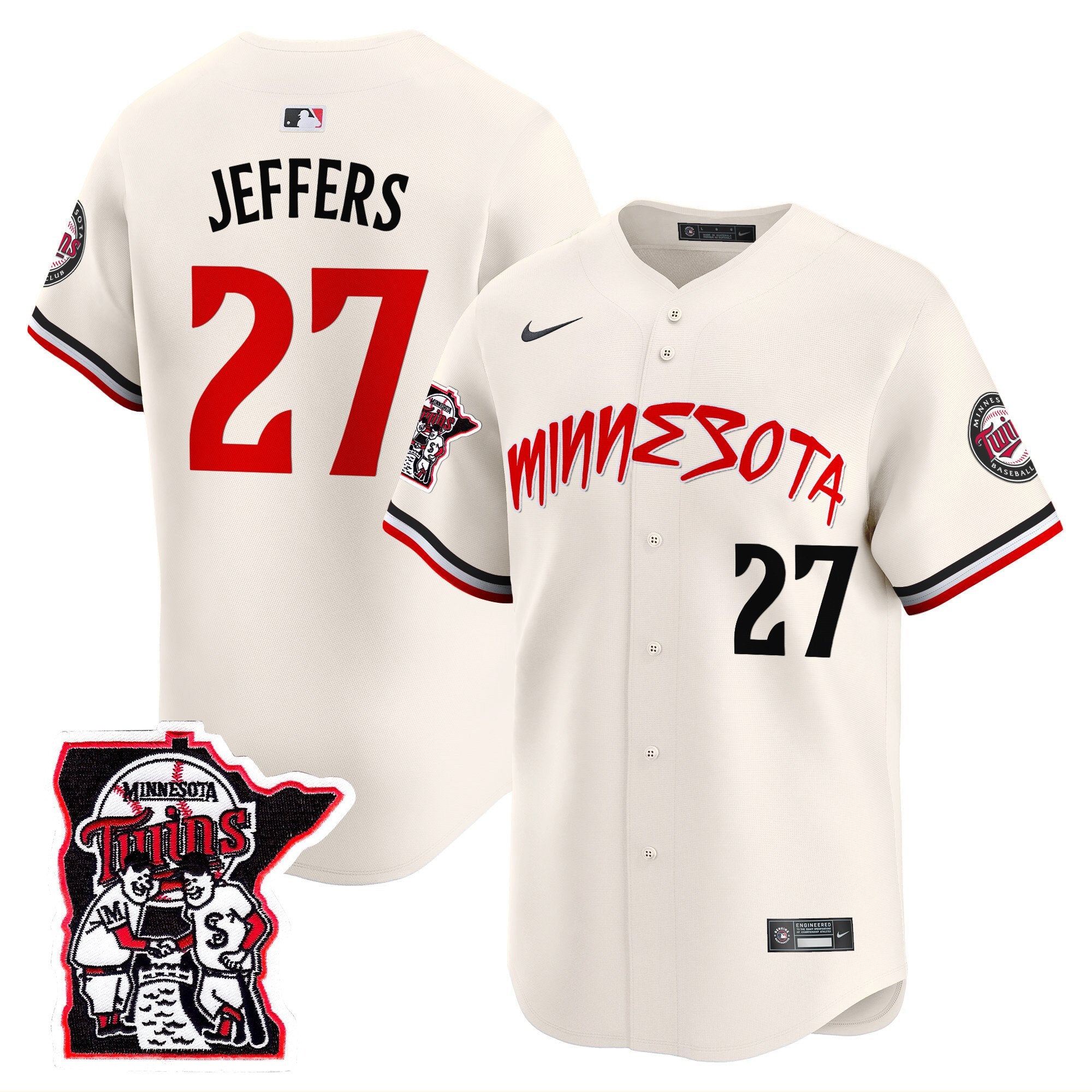 Men's Minnesota Twins Shaking Hands Patch Vapor Premier Limited Jersey - All Stitched - Cream, Ryan Jeffers