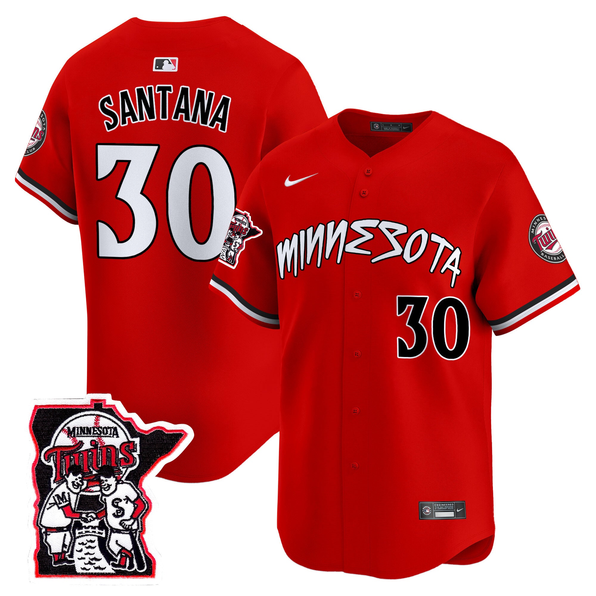 Men's Minnesota Twins Shaking Hands Patch Vapor Premier Limited Jersey - All Stitched - Red, Carlos Santana