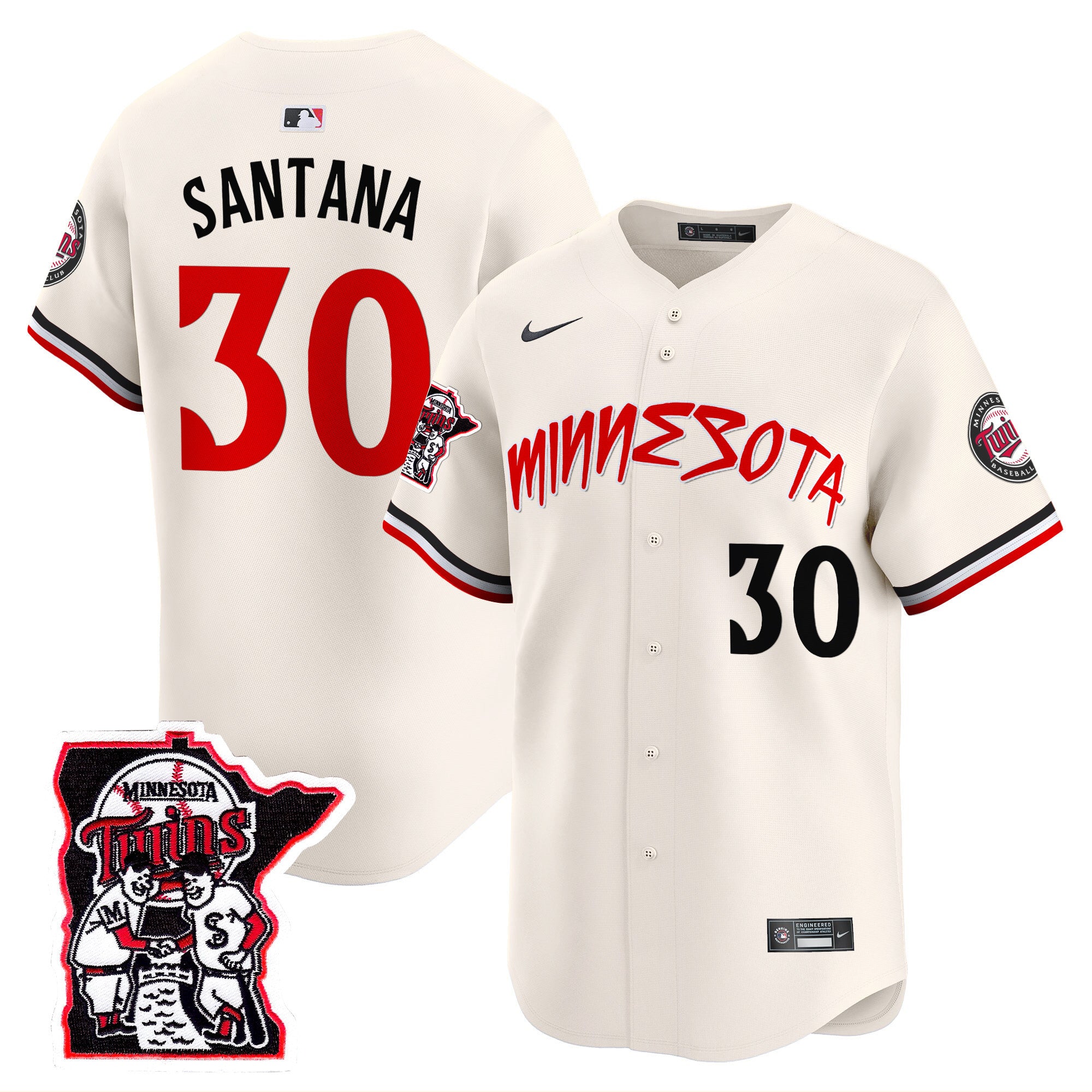 Men's Minnesota Twins Shaking Hands Patch Vapor Premier Limited Jersey - All Stitched - Cream, Carlos Santana