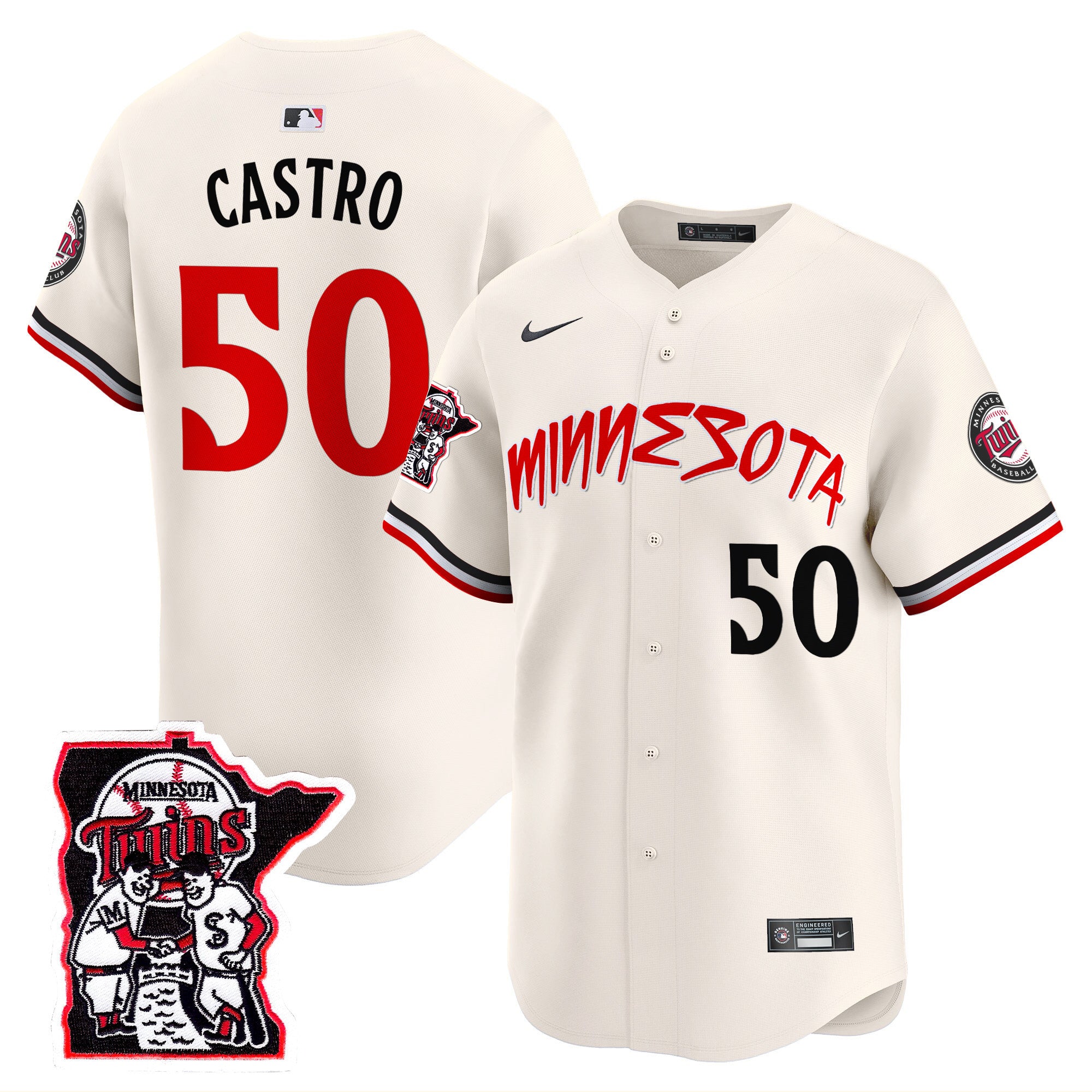 Men's Minnesota Twins Shaking Hands Patch Vapor Premier Limited Jersey - All Stitched - Cream, Willi Castro