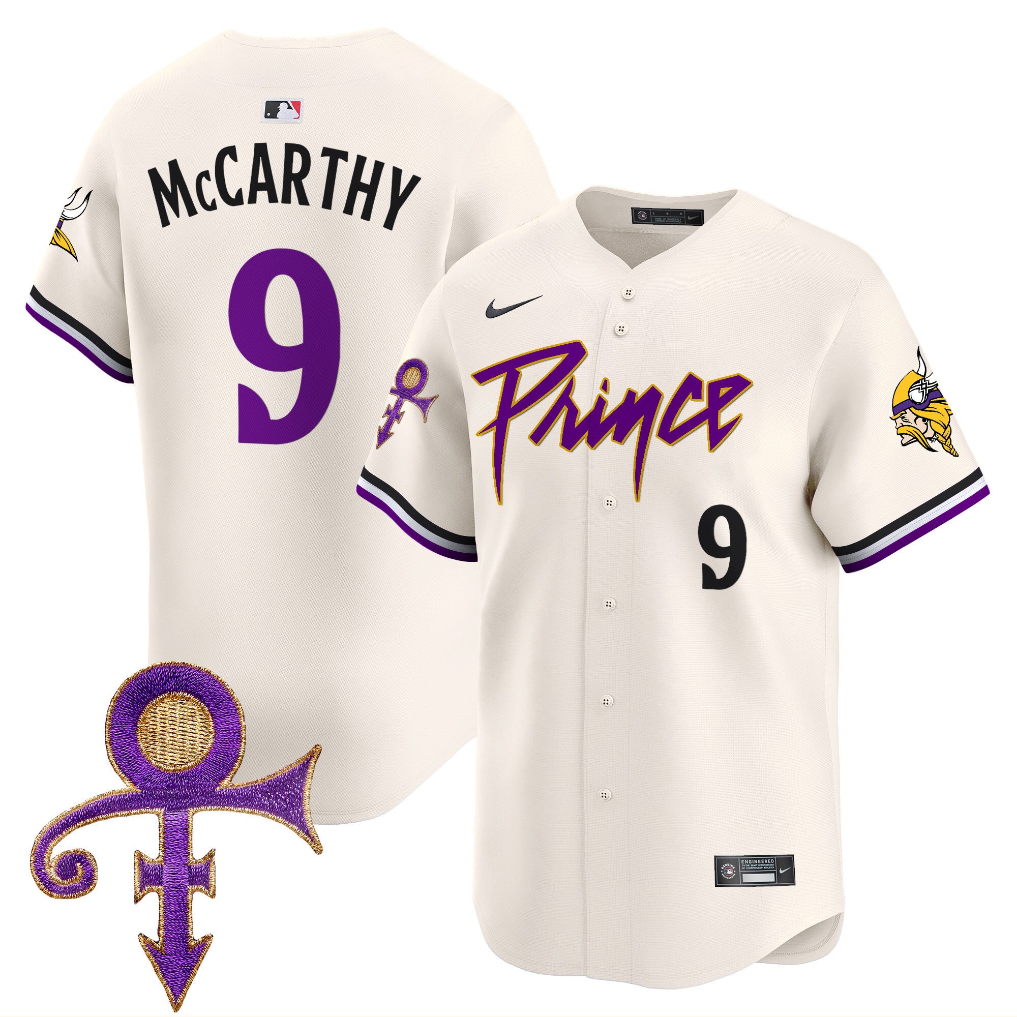 Men's Minnesota Vikings Prince Patch Vapor Premier Limited Jersey - All Stitched - Cream, J.J. McCarthy