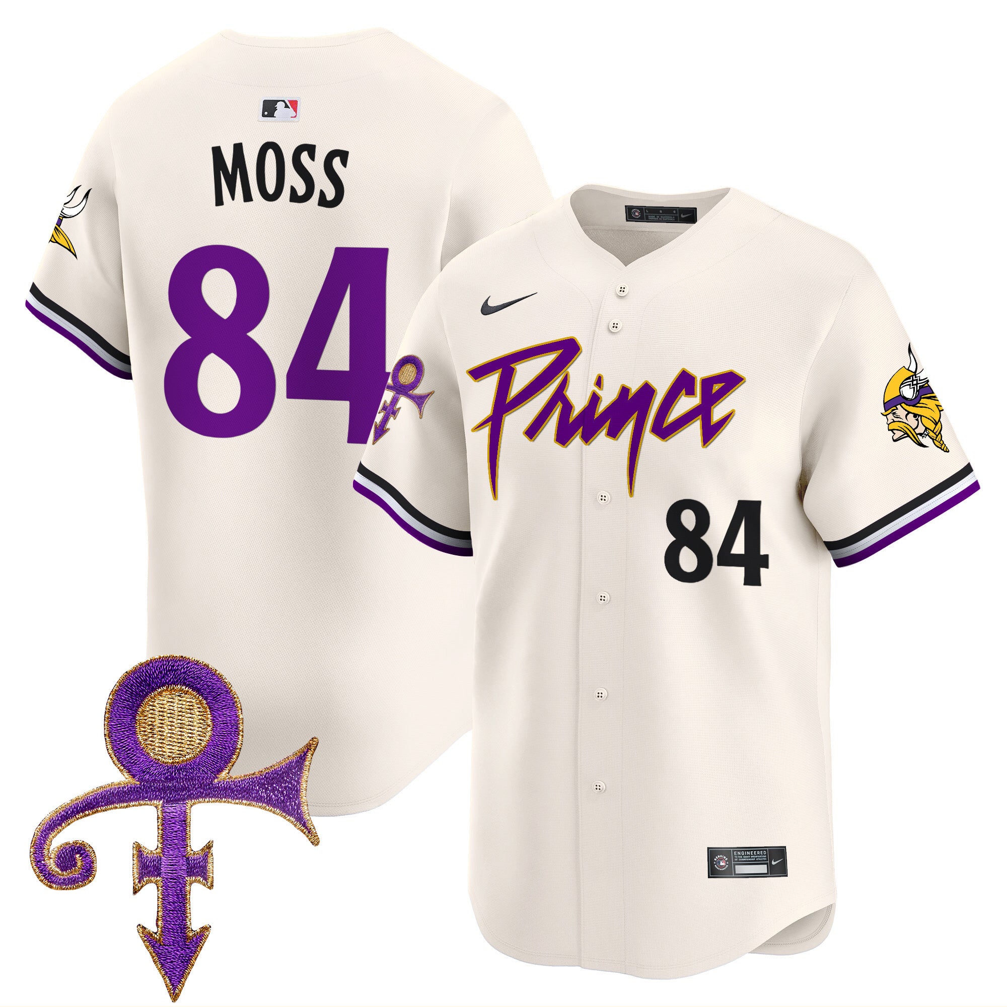 Men's Minnesota Vikings Prince Patch Vapor Premier Limited Jersey - All Stitched - Cream, Randy Moss