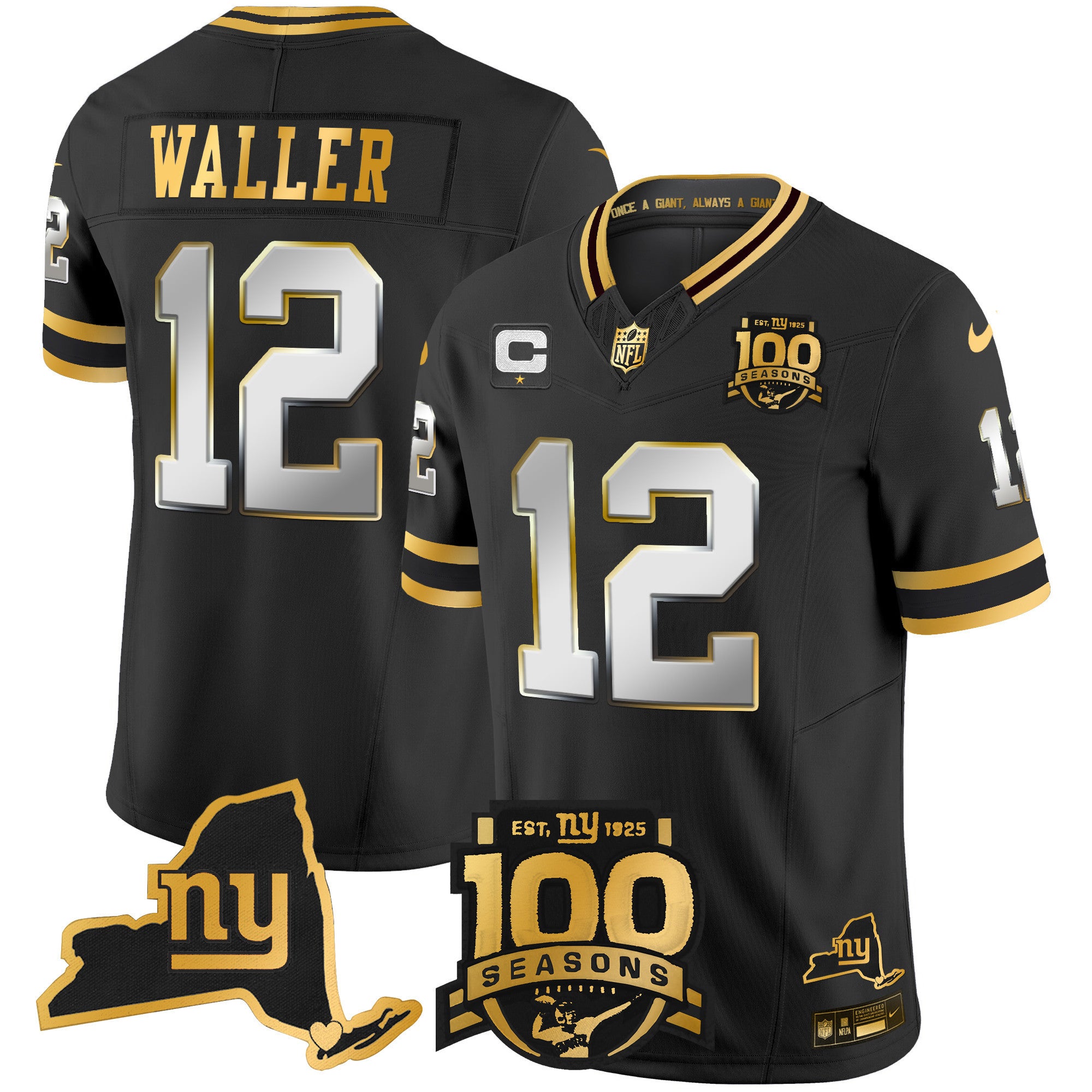 Men's New York Giants 100th Season & State Patch Gold Vapor Limited Jersey - All Stitched - Black Limited, Darren Waller