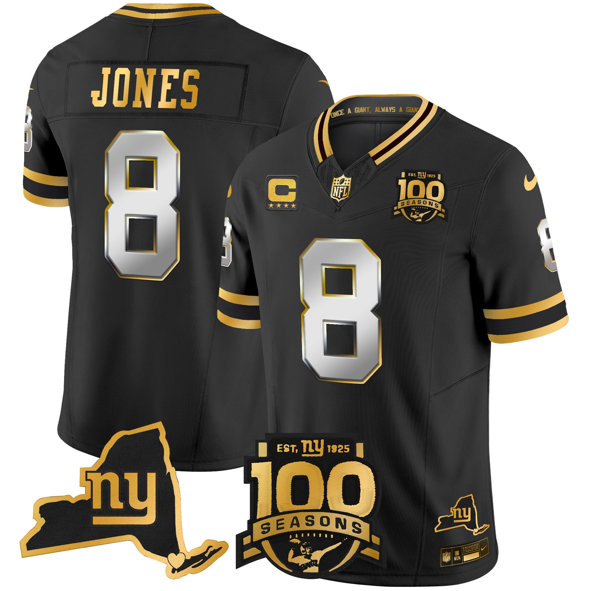 Men's New York Giants 100th Season & State Patch Gold Vapor Limited Jersey - All Stitched - Black Limited, Daniel Jones