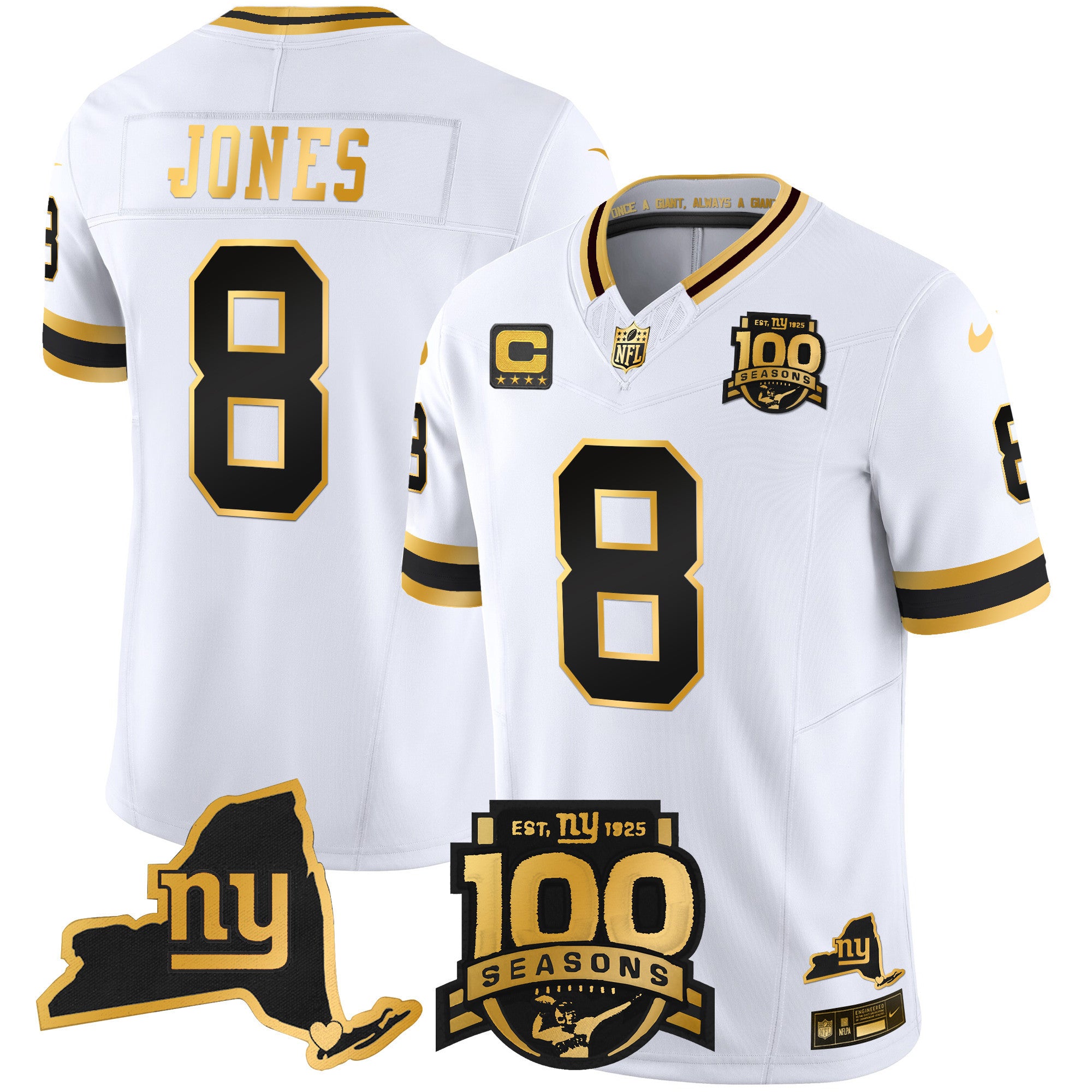 Men's New York Giants 100th Season & State Patch Gold Vapor Limited Jersey - All Stitched - White Gold, Daniel Jones