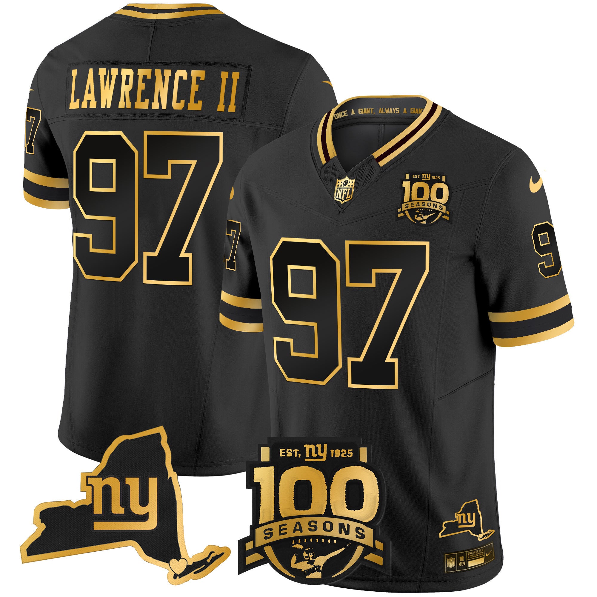 Men's New York Giants 100th Season & State Patch Gold Vapor Limited Jersey - All Stitched - Black Gold, Dexter Lawrence II