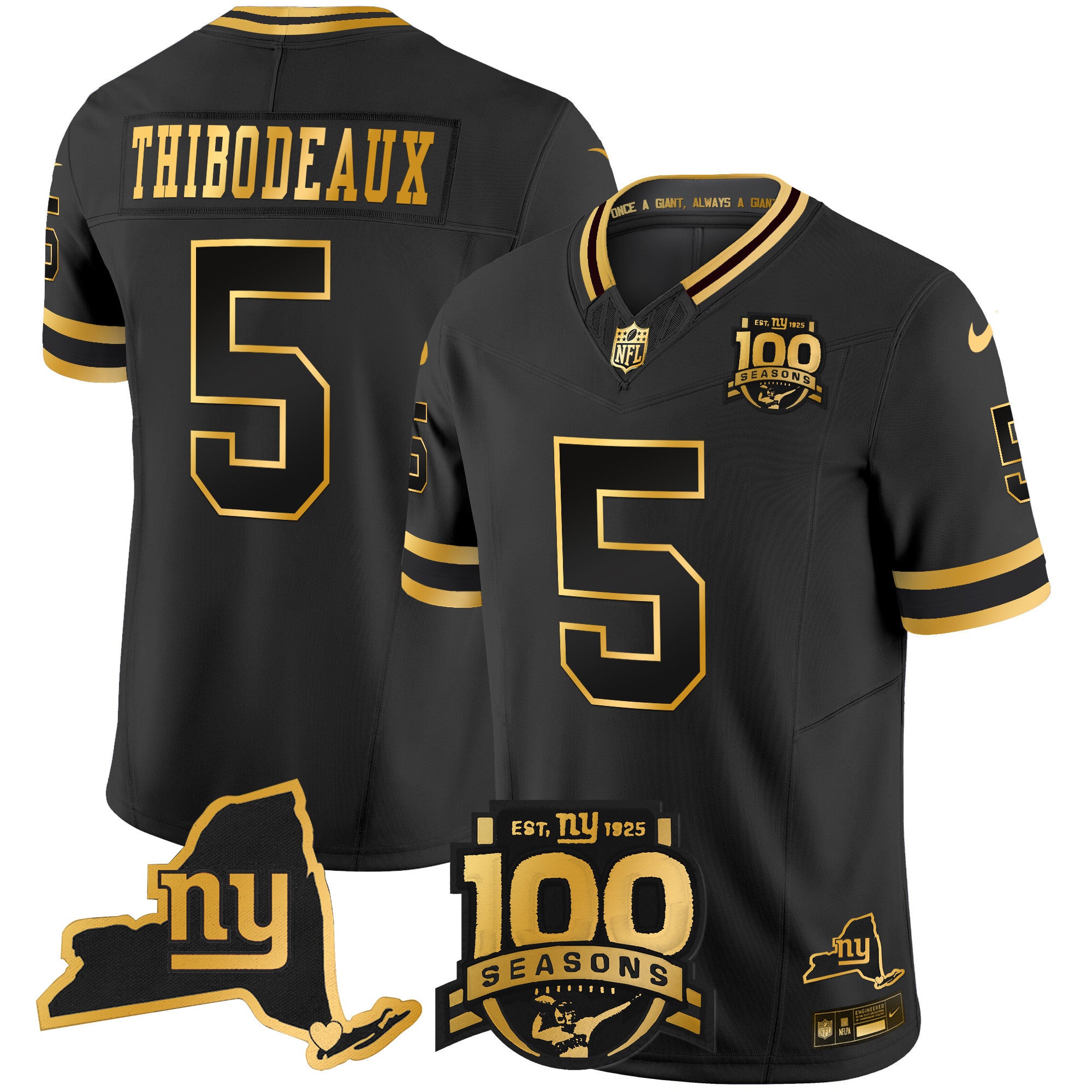 Men's New York Giants 100th Season & State Patch Gold Vapor Limited Jersey - All Stitched - Black Gold, Kayvon Thibodeaux