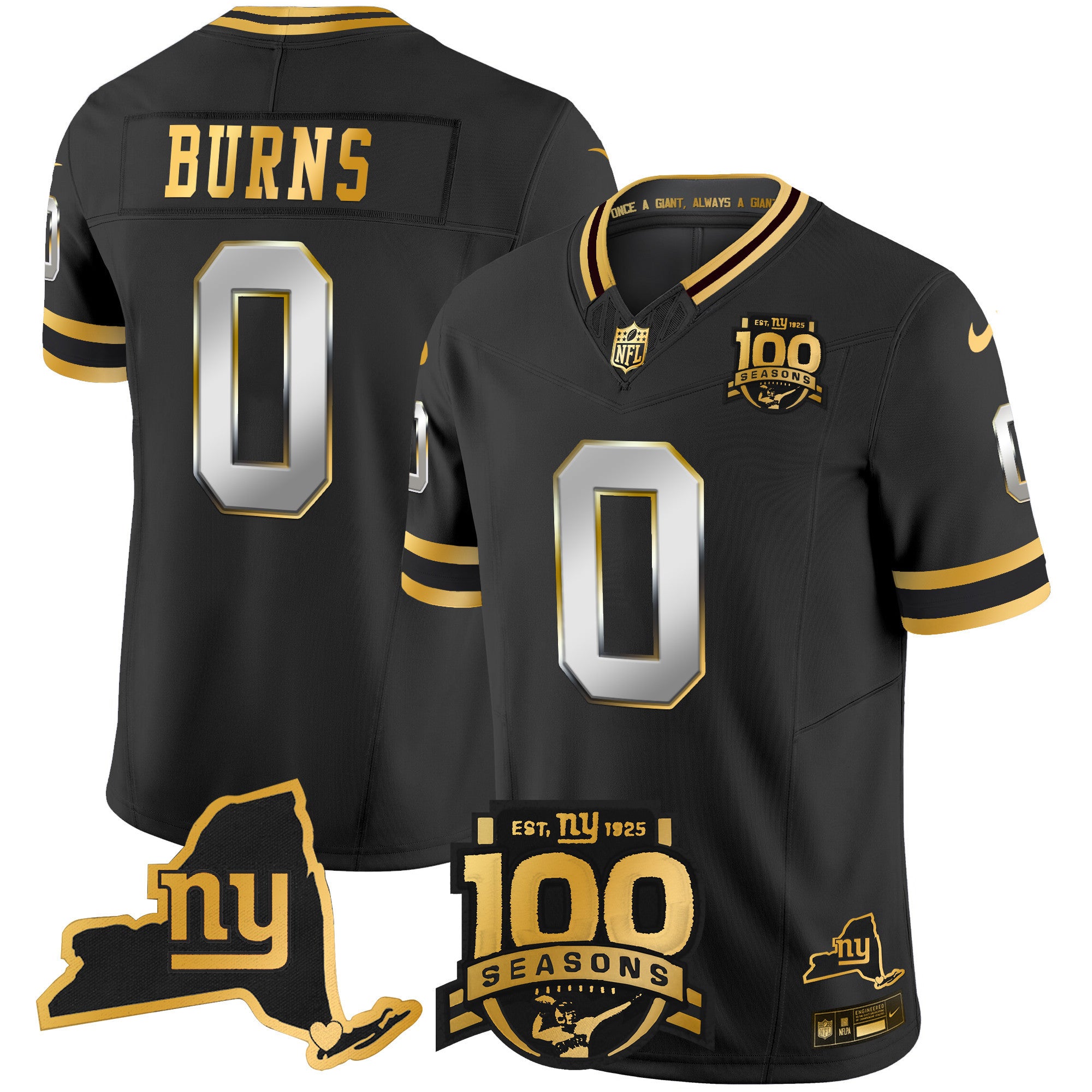Men's New York Giants 100th Season & State Patch Gold Vapor Limited Jersey - All Stitched - Black Limited, Brian Burns