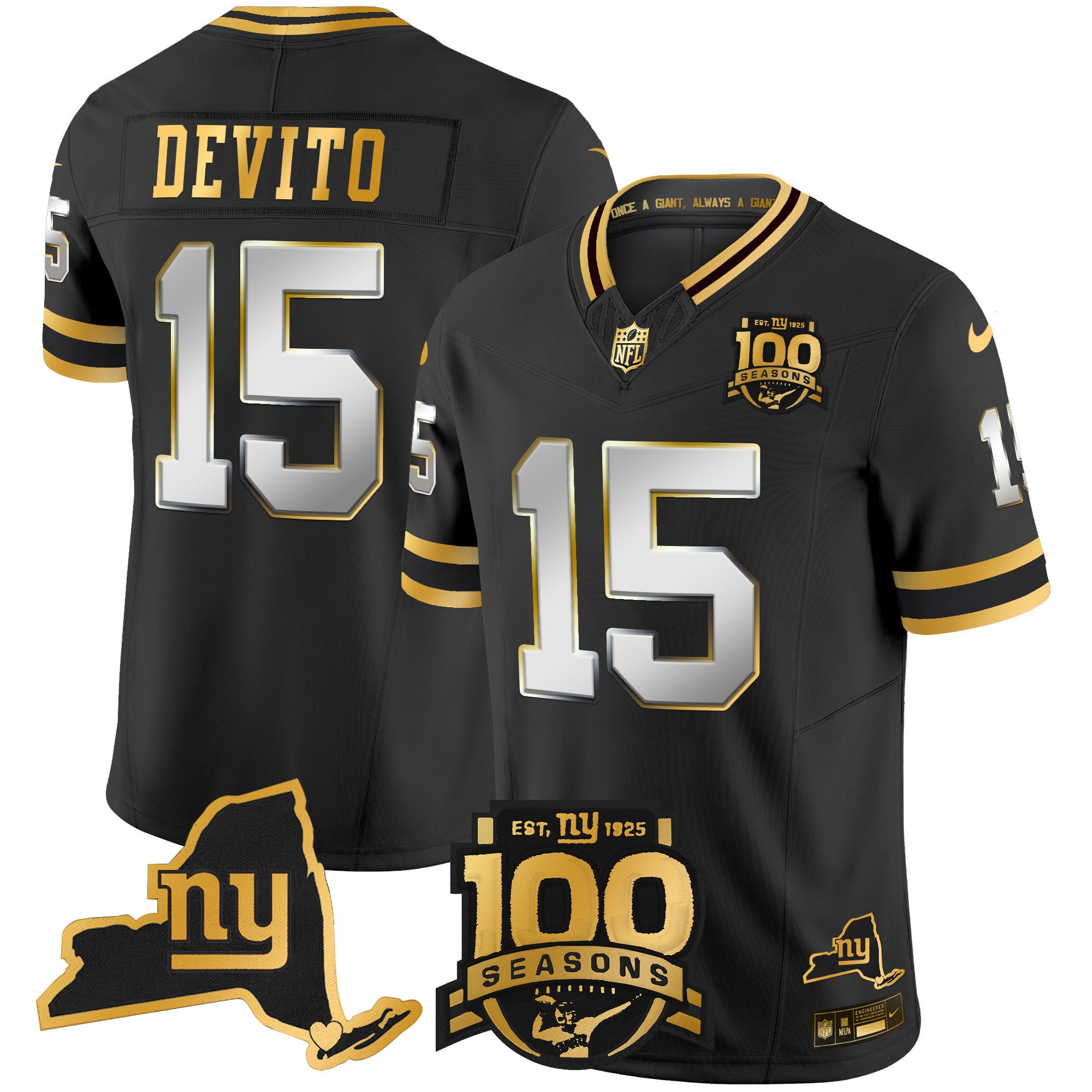 Men's New York Giants 100th Season & State Patch Gold Vapor Limited Jersey - All Stitched - Black Limited, Tommy DeVito