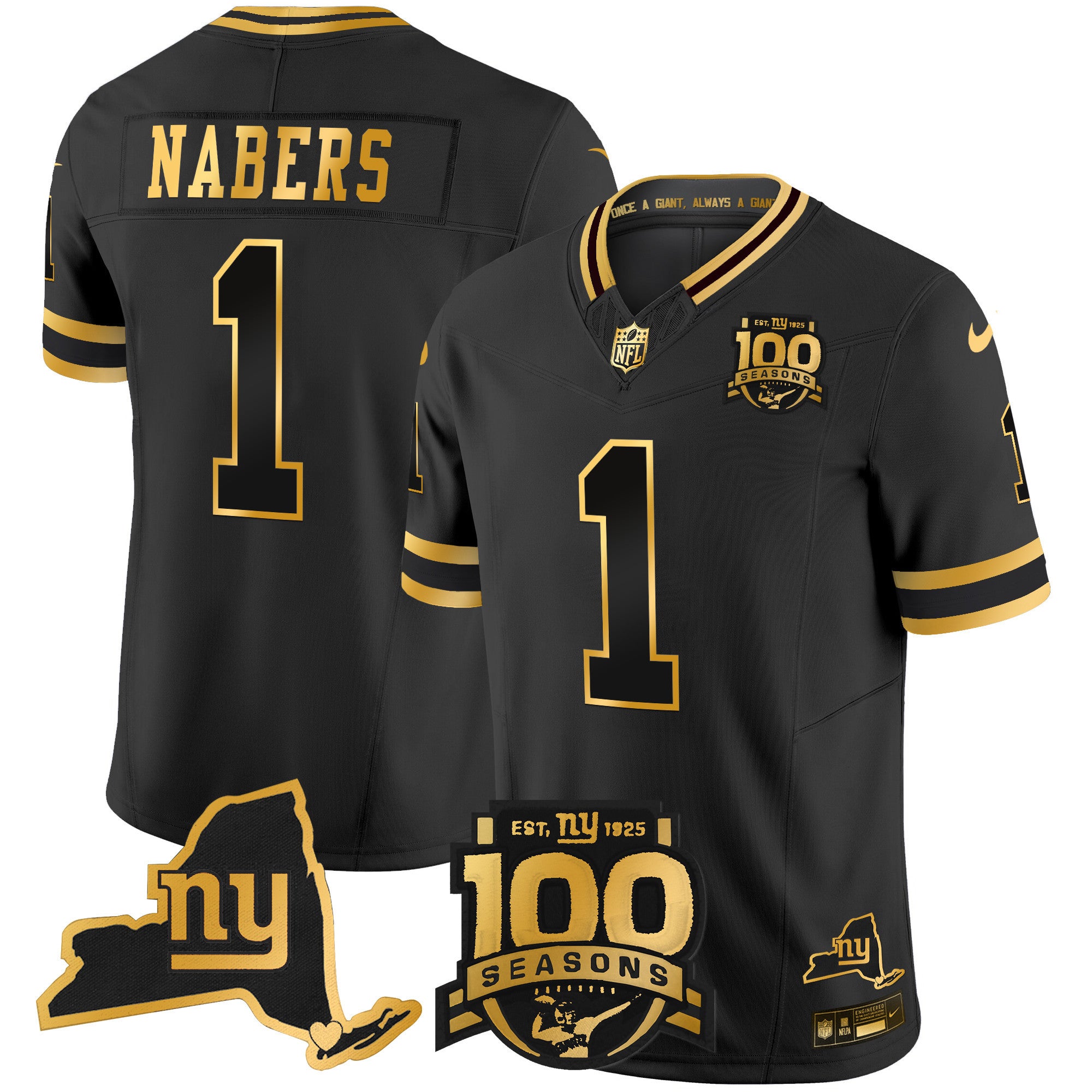 Men's New York Giants 100th Season & State Patch Gold Vapor Limited Jersey - All Stitched - Black Gold, Malik Nabers