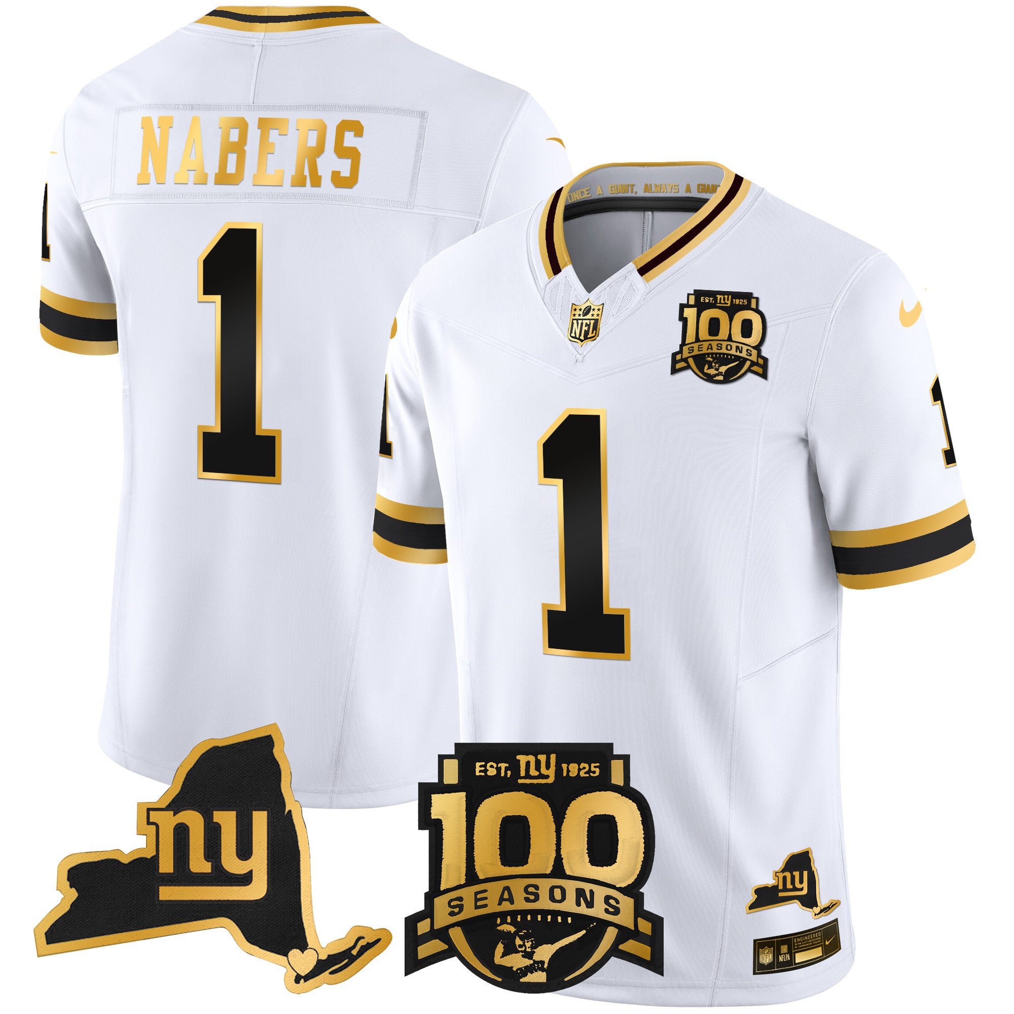Men's New York Giants 100th Season & State Patch Gold Vapor Limited Jersey - All Stitched - White Gold, Malik Nabers