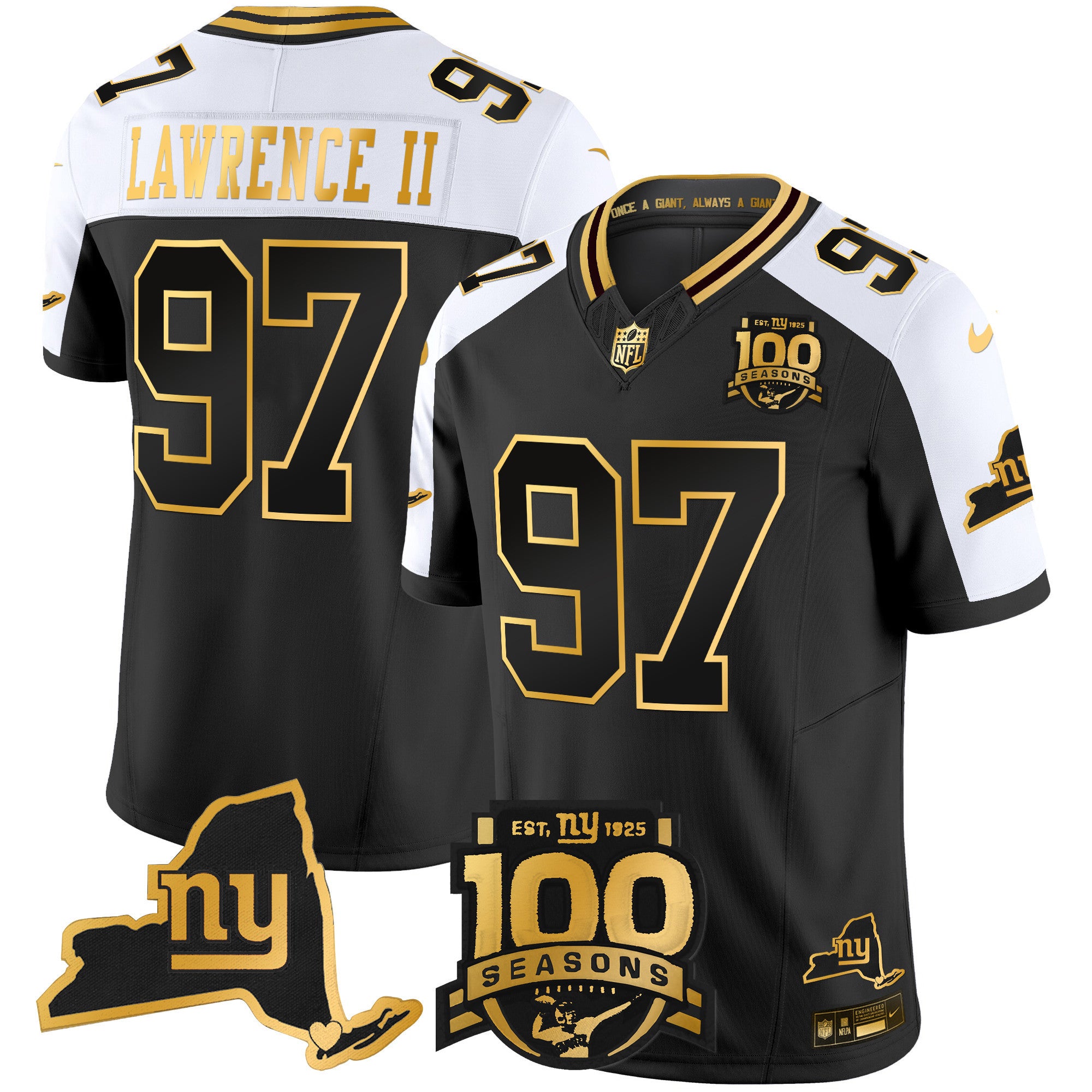 Men's New York Giants 100th Season & State Patch Gold Vapor Limited Jersey - All Stitched - Alternate, Dexter Lawrence II