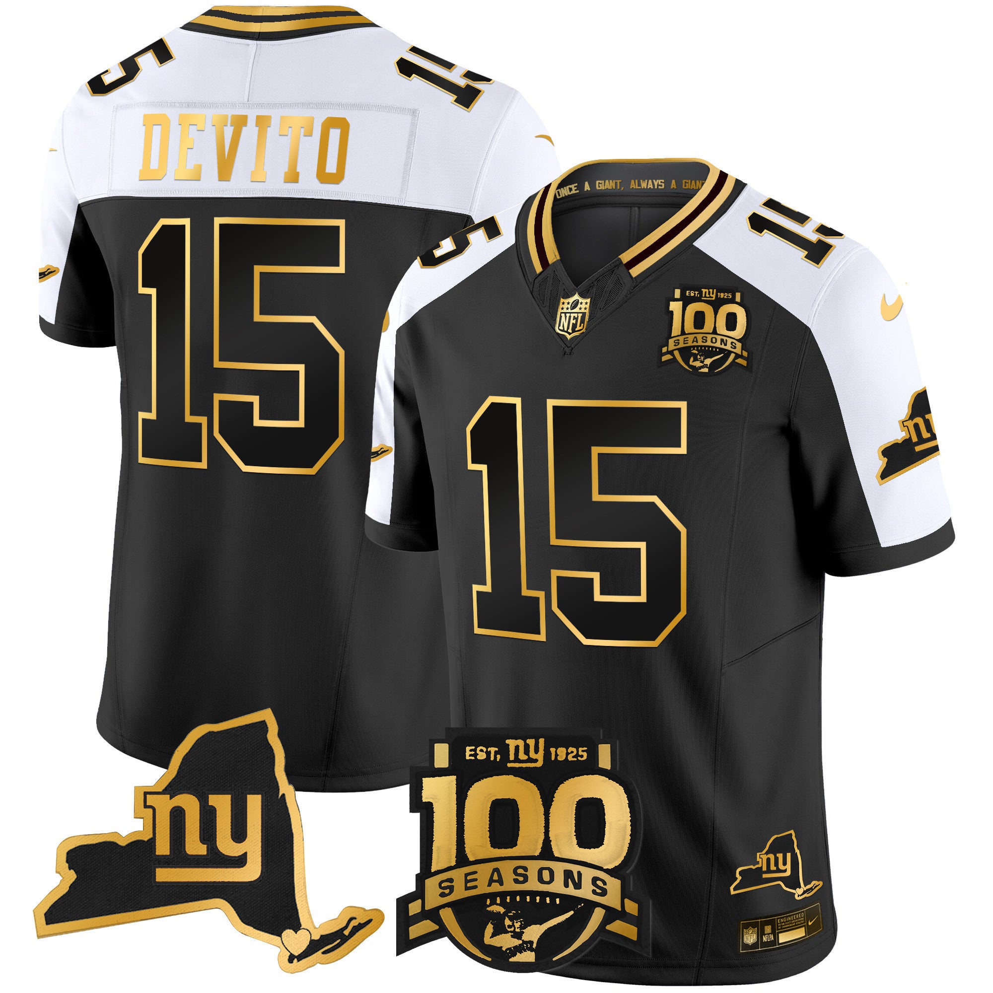 Men's New York Giants 100th Season & State Patch Gold Vapor Limited Jersey - All Stitched - Alternate, Tommy DeVito