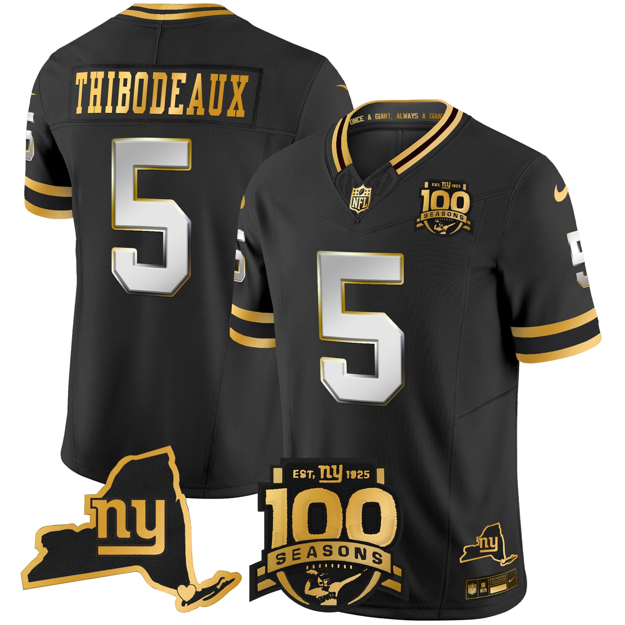 Men's New York Giants 100th Season & State Patch Gold Vapor Limited Jersey - All Stitched - Black Limited, Kayvon Thibodeaux