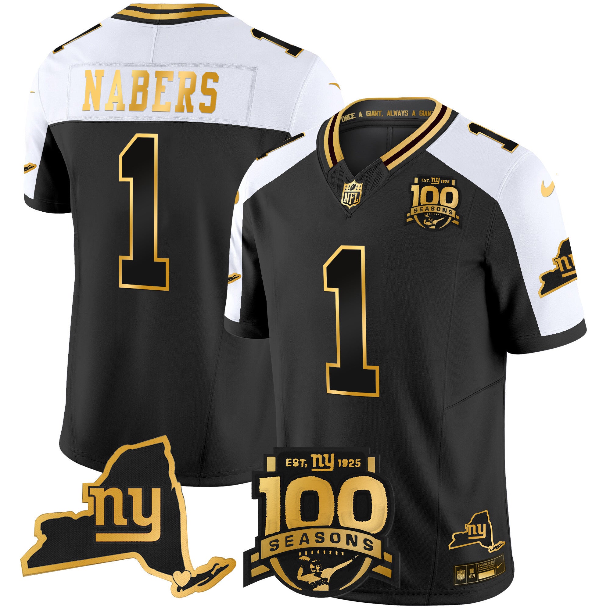 Men's New York Giants 100th Season & State Patch Gold Vapor Limited Jersey - All Stitched - Alternate, Malik Nabers