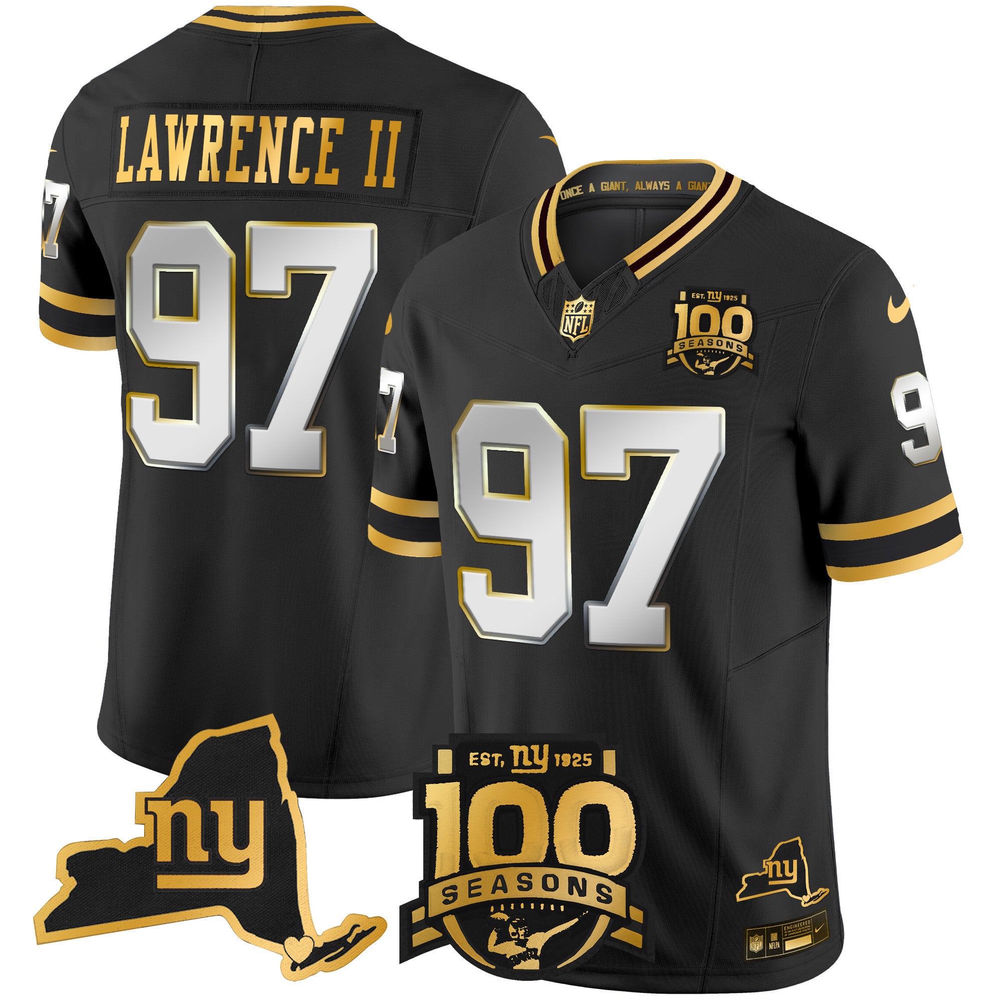 Men's New York Giants 100th Season & State Patch Gold Vapor Limited Jersey - All Stitched - Black Limited, Dexter Lawrence II
