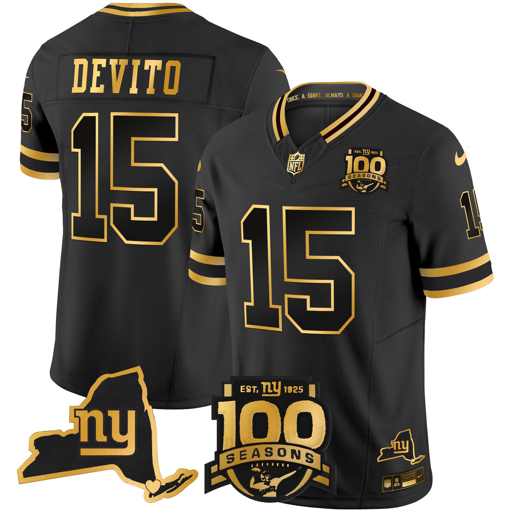 Men's New York Giants 100th Season & State Patch Gold Vapor Limited Jersey - All Stitched - Black Gold, Tommy DeVito