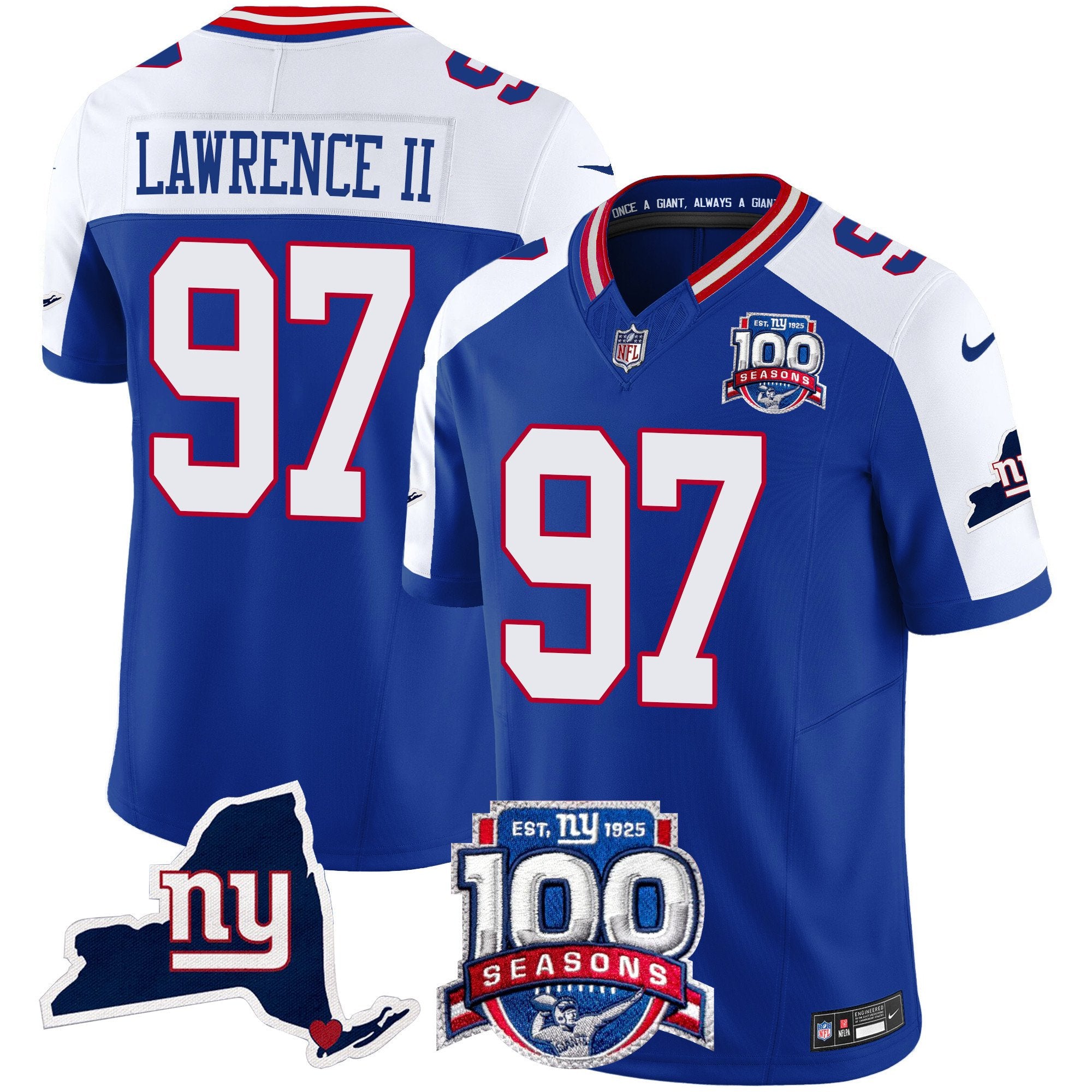 Men's New York Giants 100th Season & State Patch Vapor Limited Jersey - All Stitched - Royal Alternate, Dexter Lawrence II
