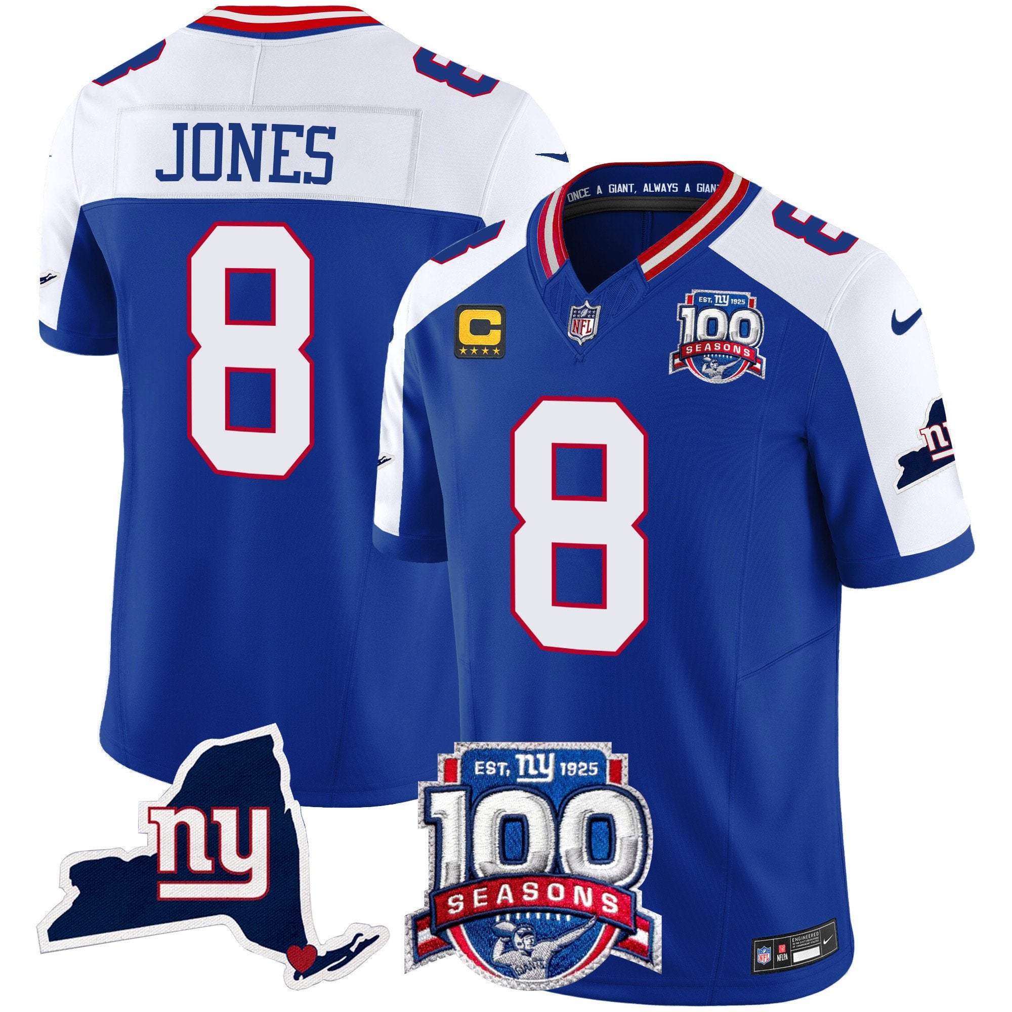 Men's New York Giants 100th Season & State Patch Vapor Limited Jersey - All Stitched - Royal Alternate, Daniel Jones