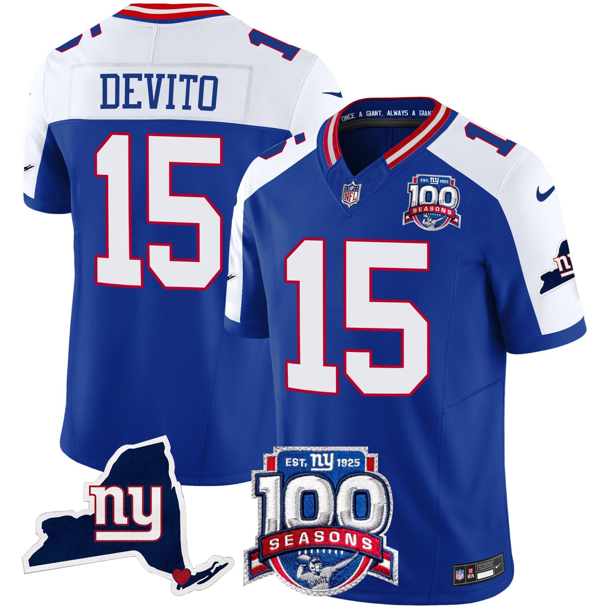 Men's New York Giants 100th Season & State Patch Vapor Limited Jersey - All Stitched - Royal Alternate, Tommy DeVito
