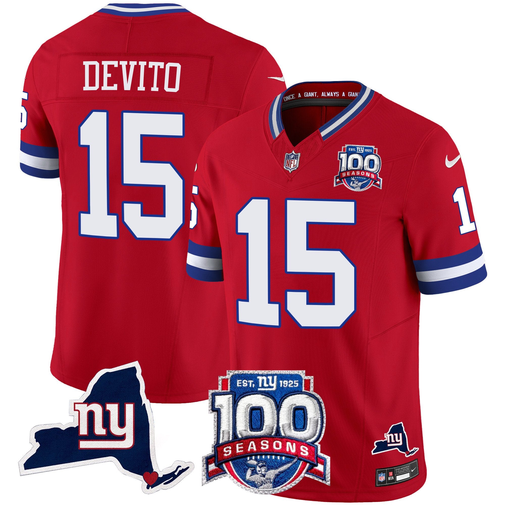 Men's New York Giants 100th Season & State Patch Vapor Limited Jersey - All Stitched - Red, Tommy DeVito