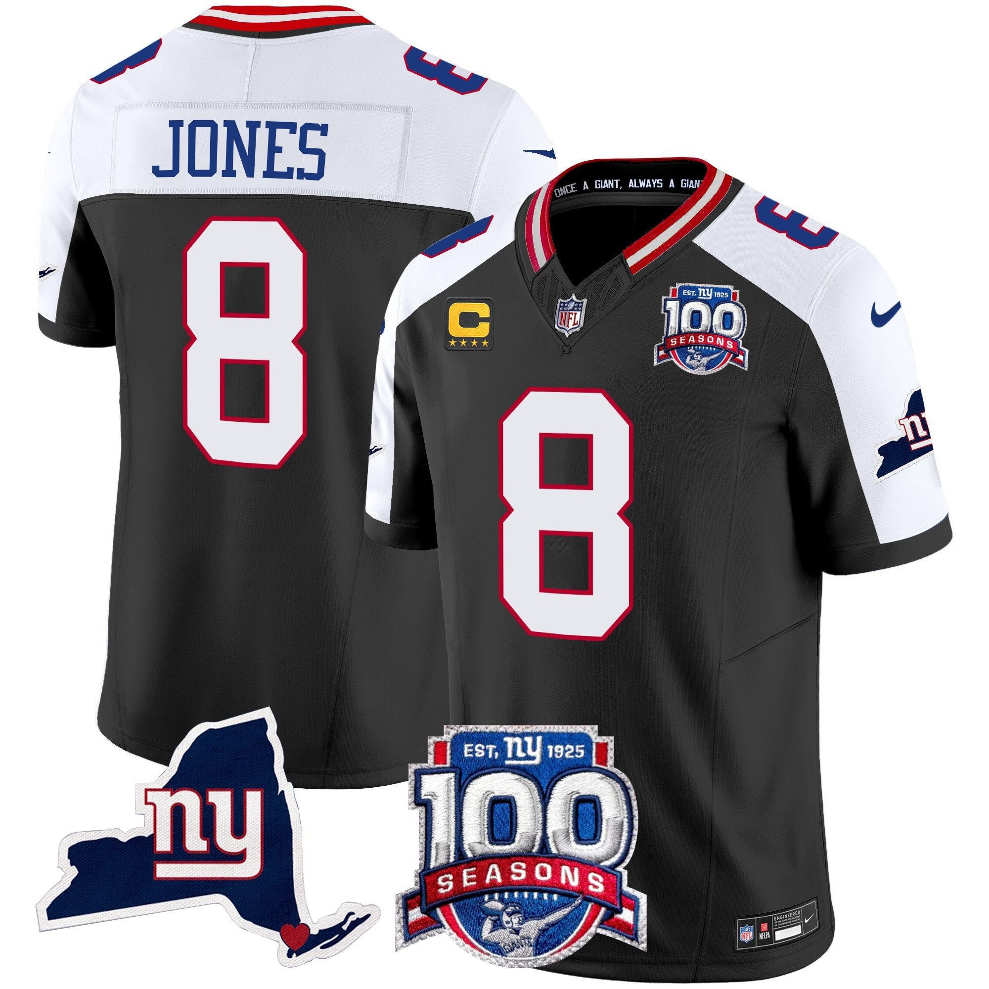 Men's New York Giants 100th Season & State Patch Vapor Limited Jersey - All Stitched - Black Alternate, Daniel Jones