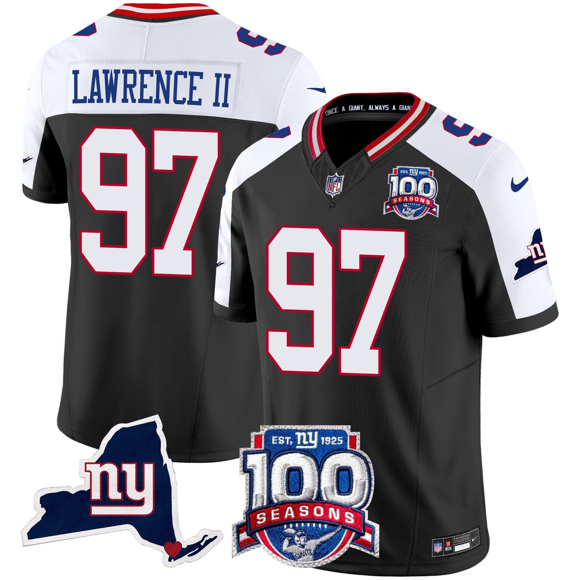 Men's New York Giants 100th Season & State Patch Vapor Limited Jersey - All Stitched - Black Alternate, Dexter Lawrence II
