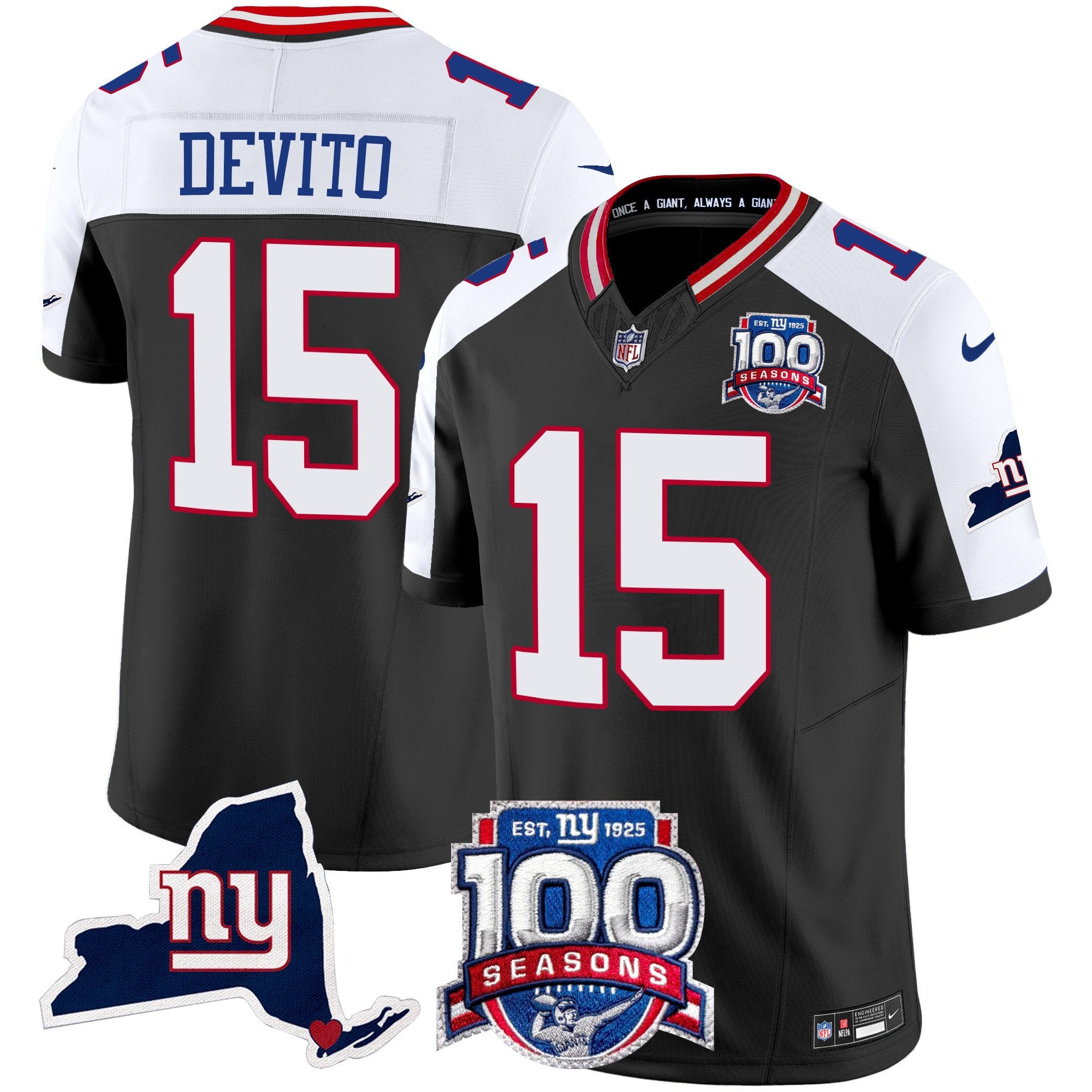 Men's New York Giants 100th Season & State Patch Vapor Limited Jersey - All Stitched - Black Alternate, Tommy DeVito