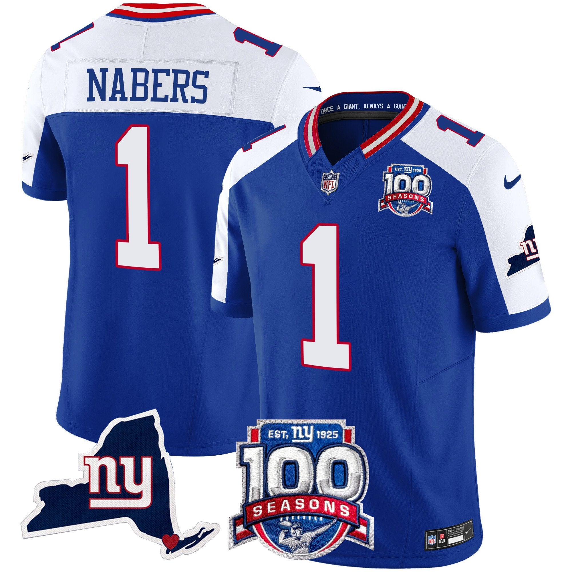 Men's New York Giants 100th Season & State Patch Vapor Limited Jersey - All Stitched - Royal Alternate, Malik Nabers