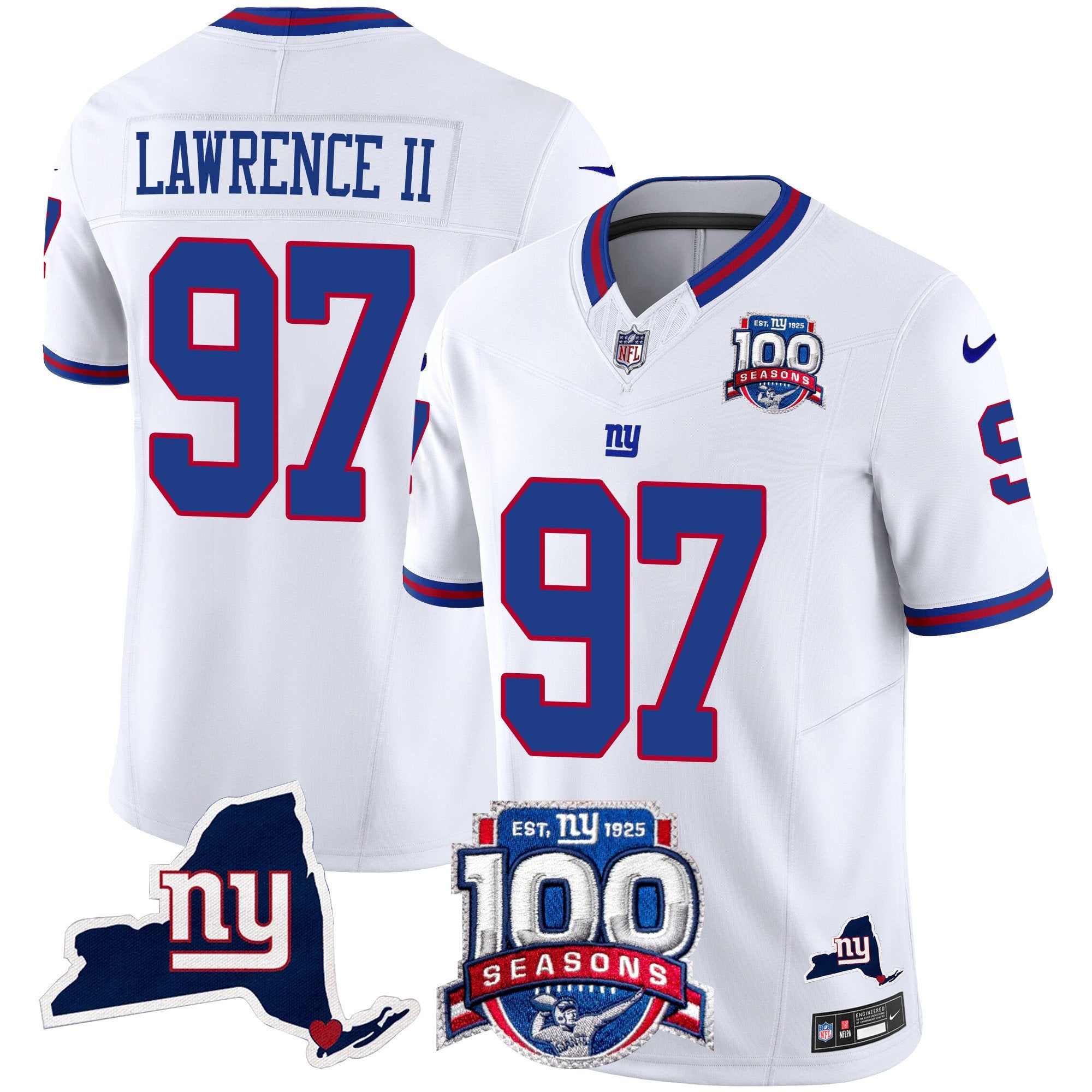 Men's New York Giants 100th Season & State Patch Vapor Limited Jersey - All Stitched - White, Dexter Lawrence II