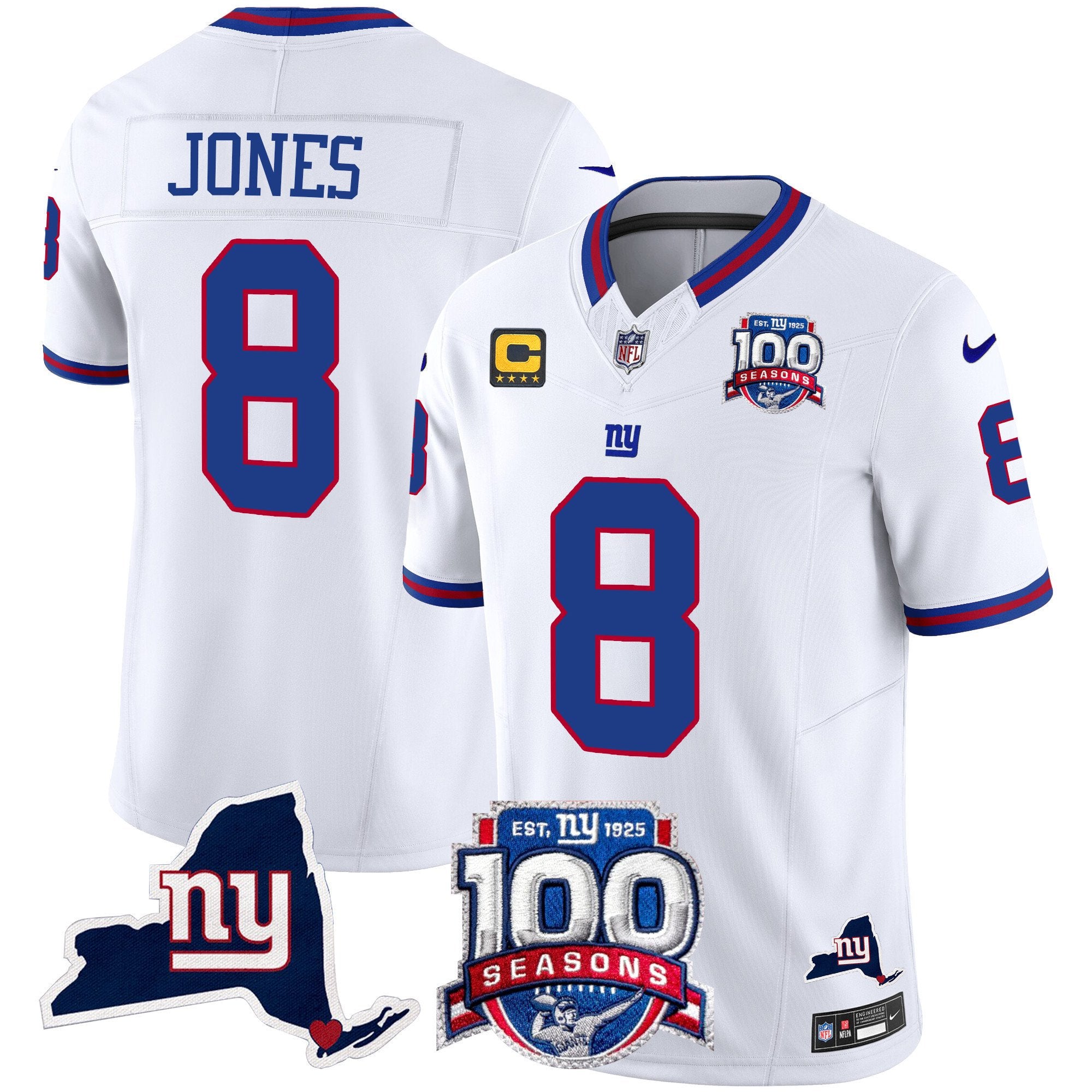 Men's New York Giants 100th Season & State Patch Vapor Limited Jersey - All Stitched - White, Daniel Jones