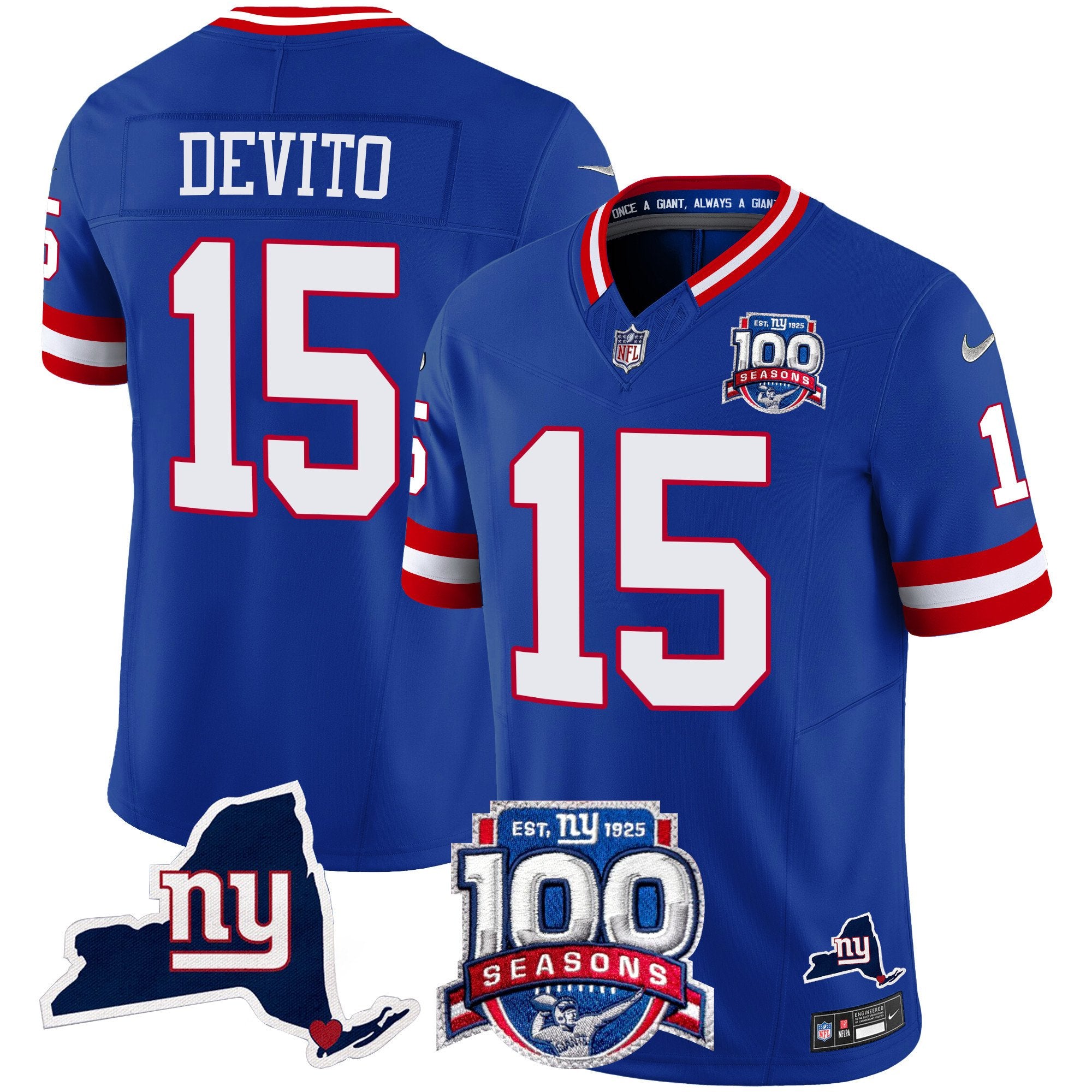 Men's New York Giants 100th Season & State Patch Vapor Limited Jersey - All Stitched - Royal, Tommy DeVito