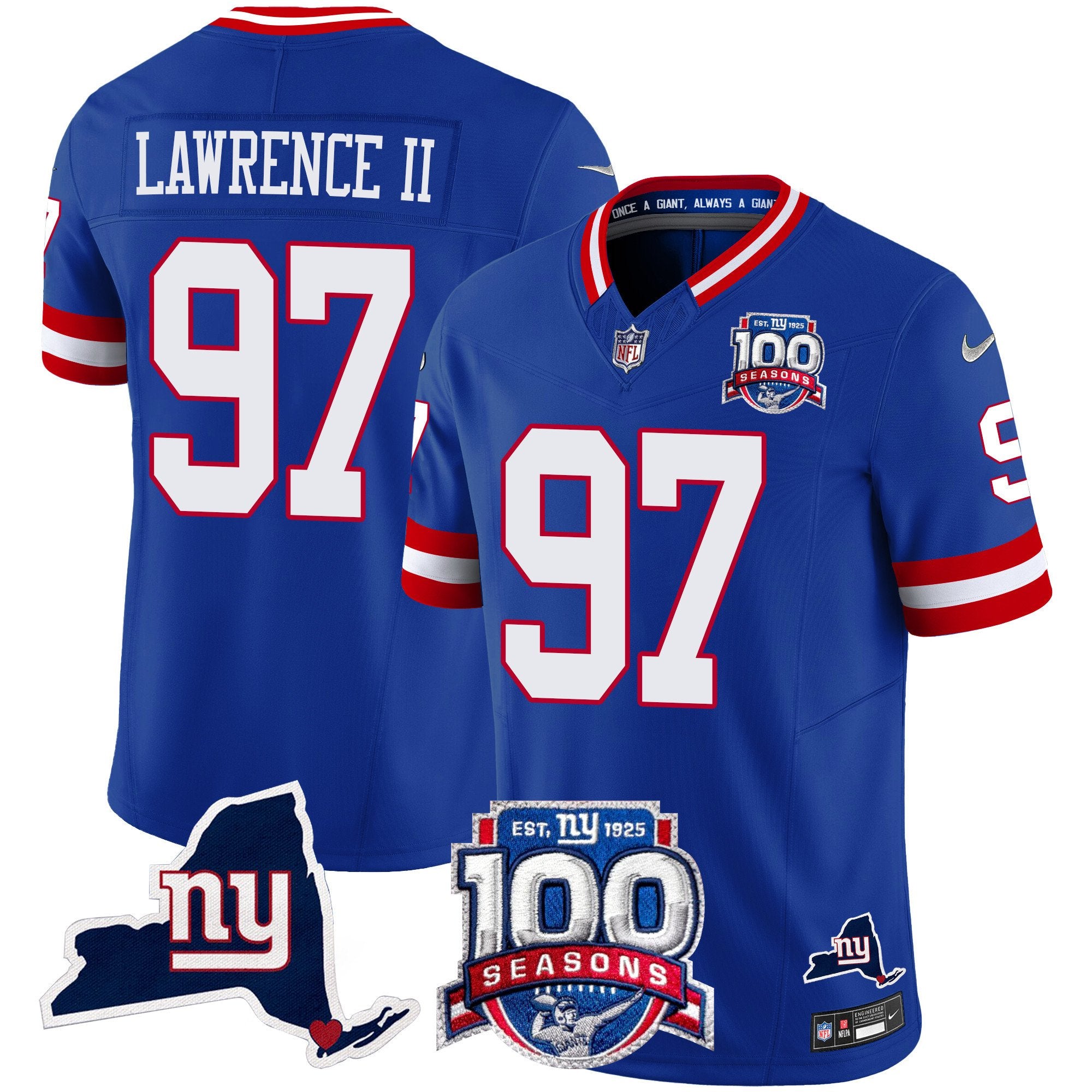 Men's New York Giants 100th Season & State Patch Vapor Limited Jersey - All Stitched - Royal, Dexter Lawrence II